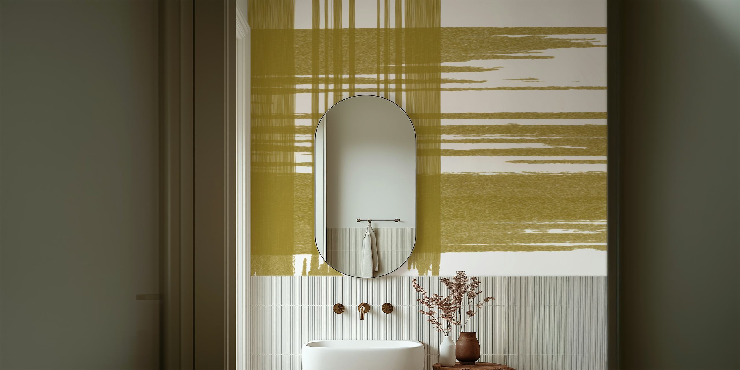 Olive green and white brush stroke design wallpaper