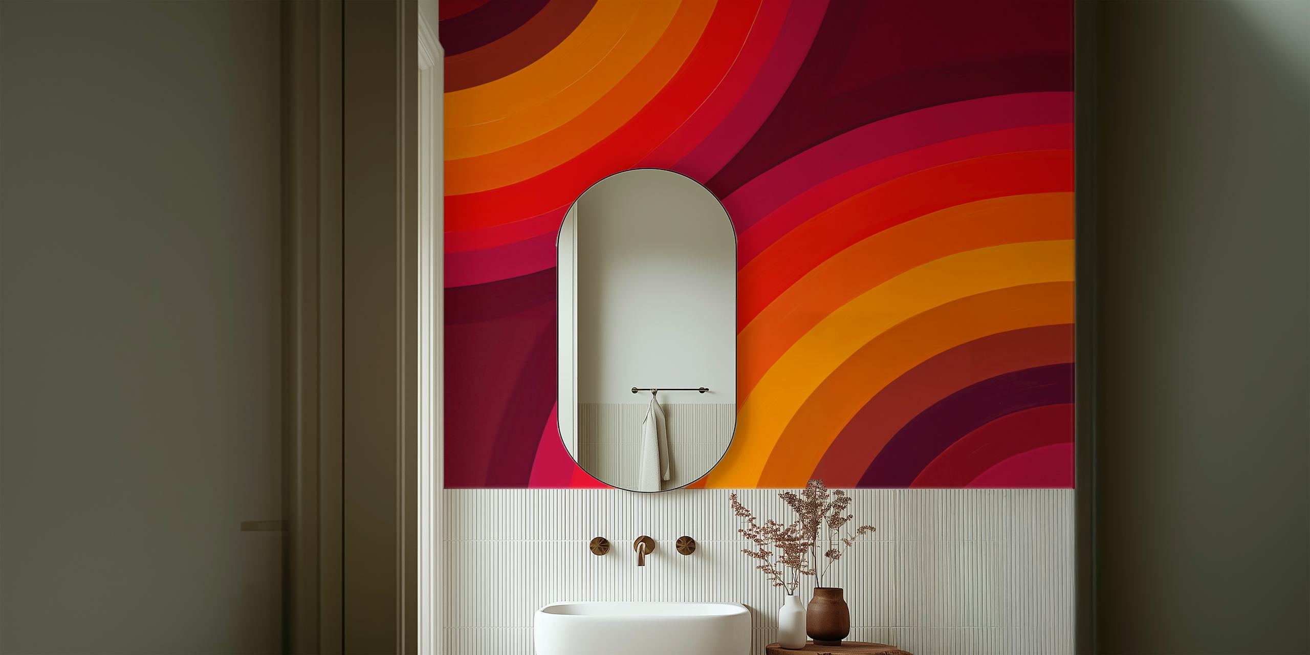Colorful curved rainbow stripes in orange, red, and yellow wallpaper