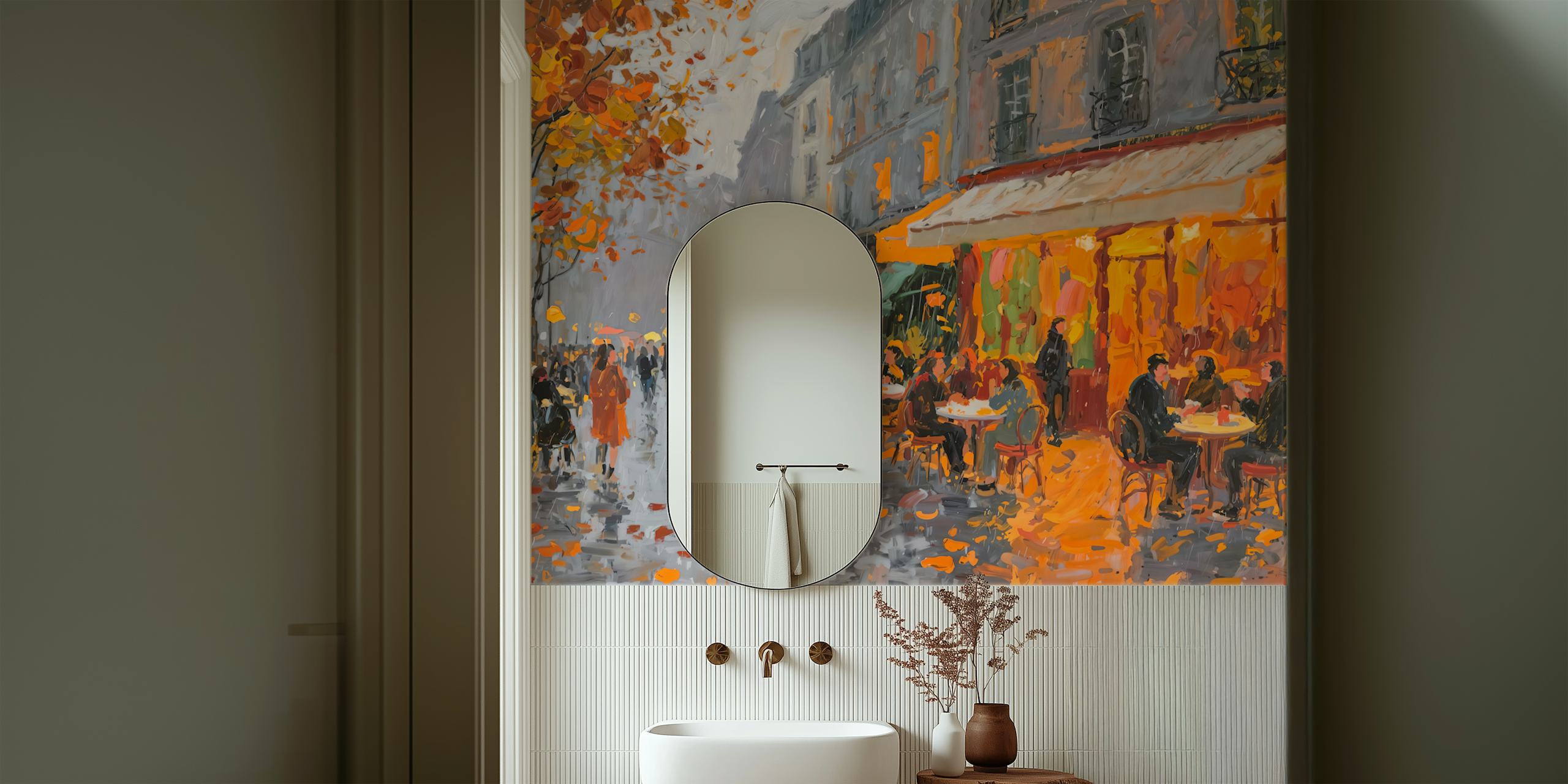 Parisian café scene with autumn colors on wallpaper