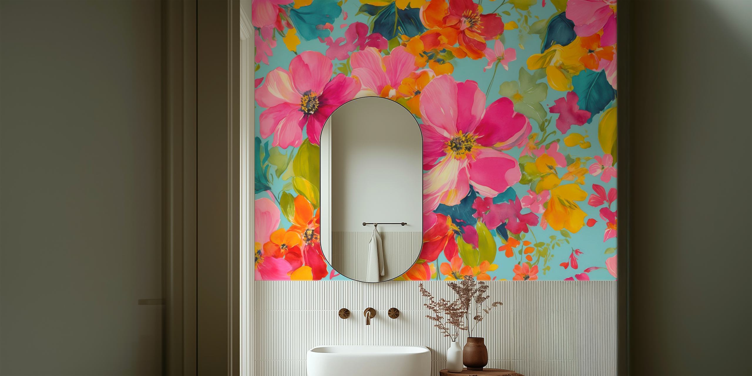 Colorful summer flowers wallpaper in a room