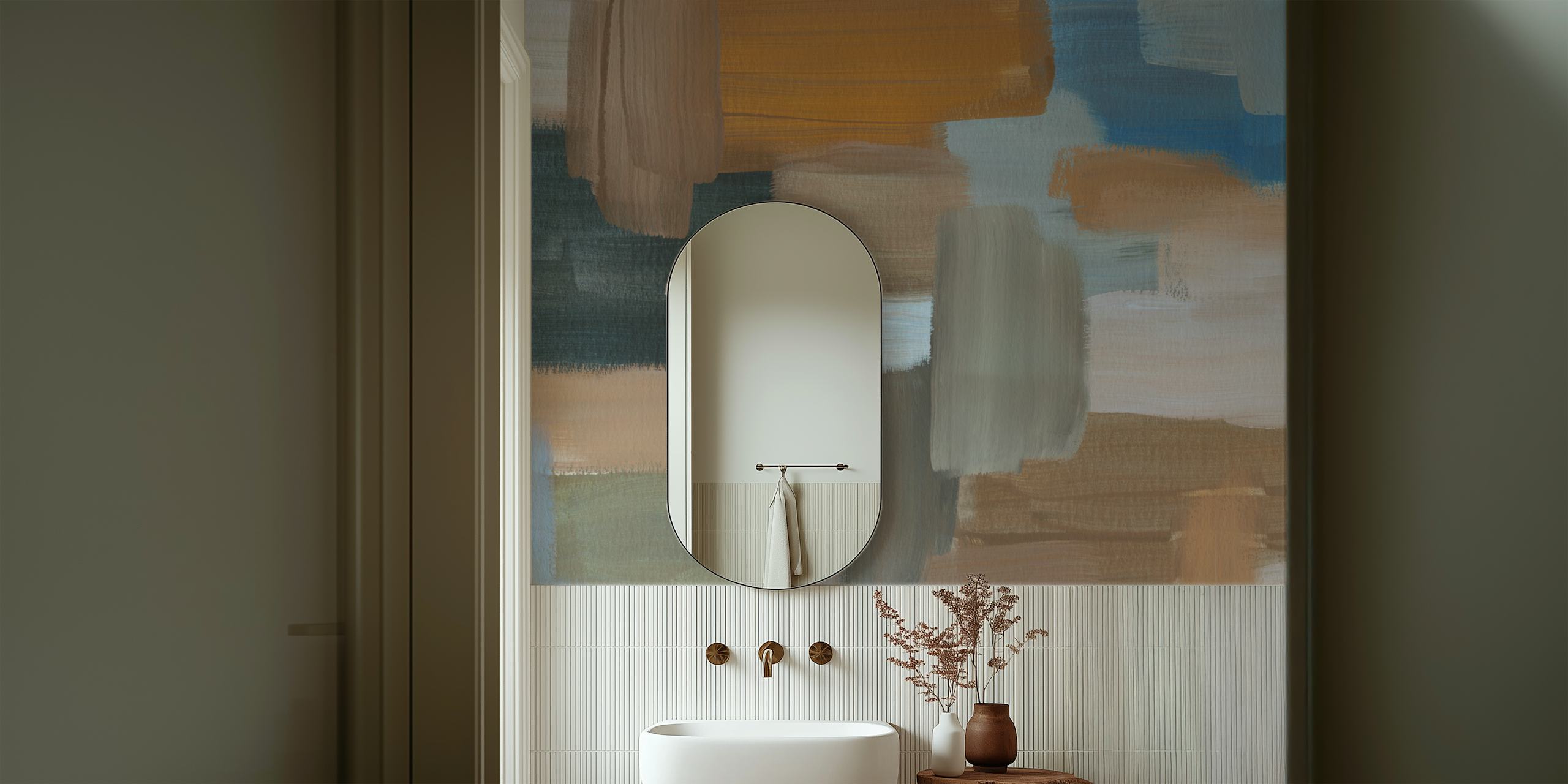 Papel de parede Earthy Abstract Brushstrokes em um quarto