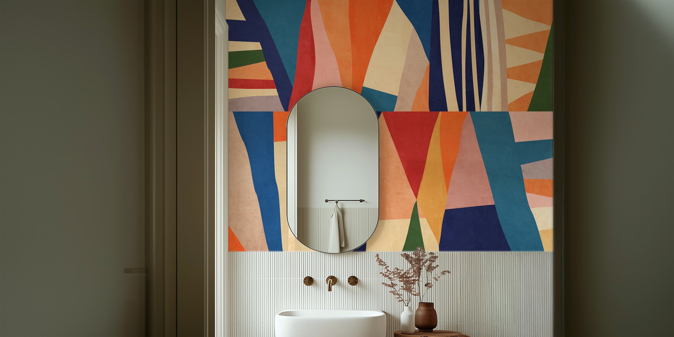 Colorful abstract shapes in red, blue, yellow, and green wallpaper