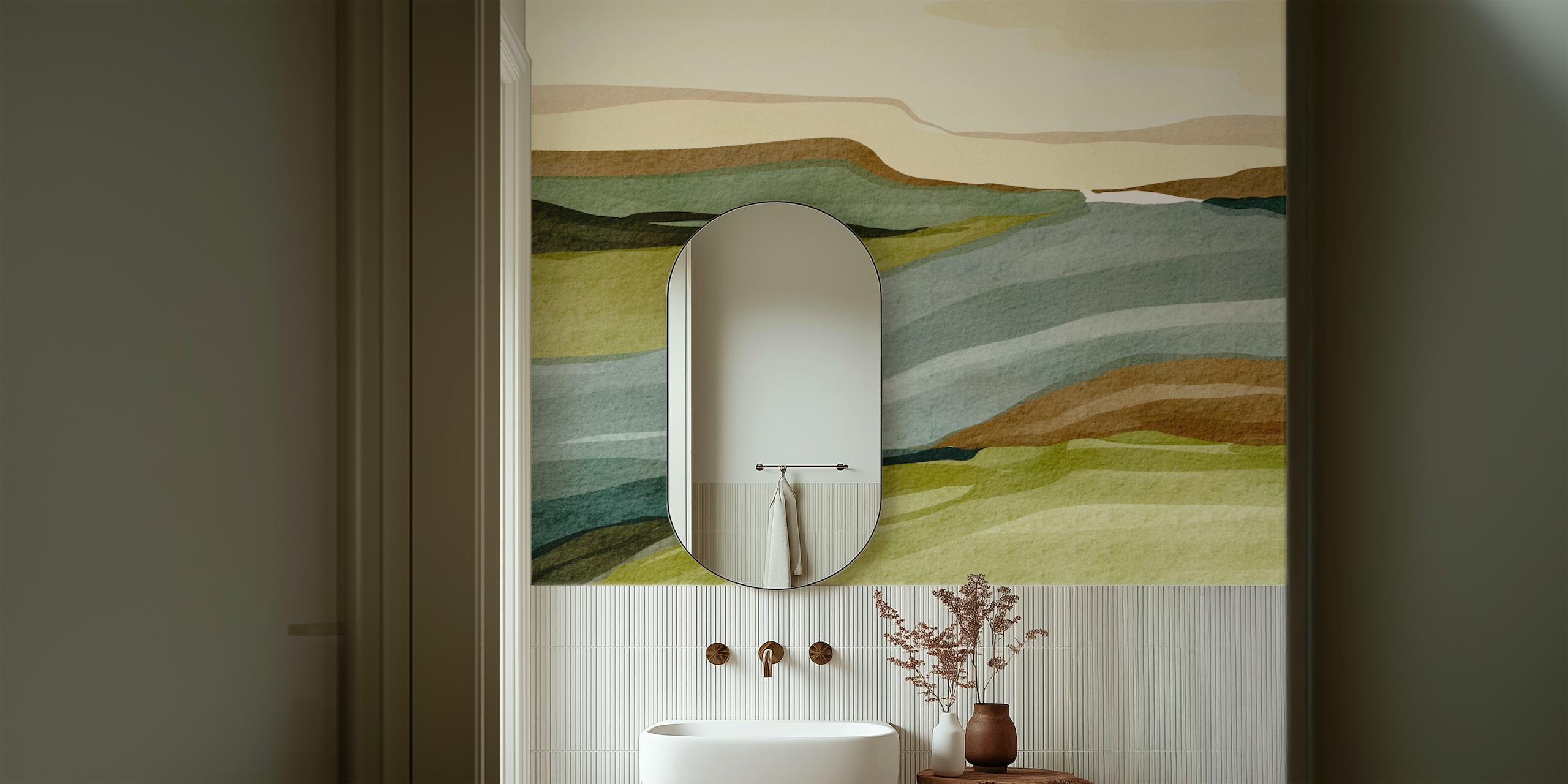 Calm Riverbank Scene wallpaper in a room