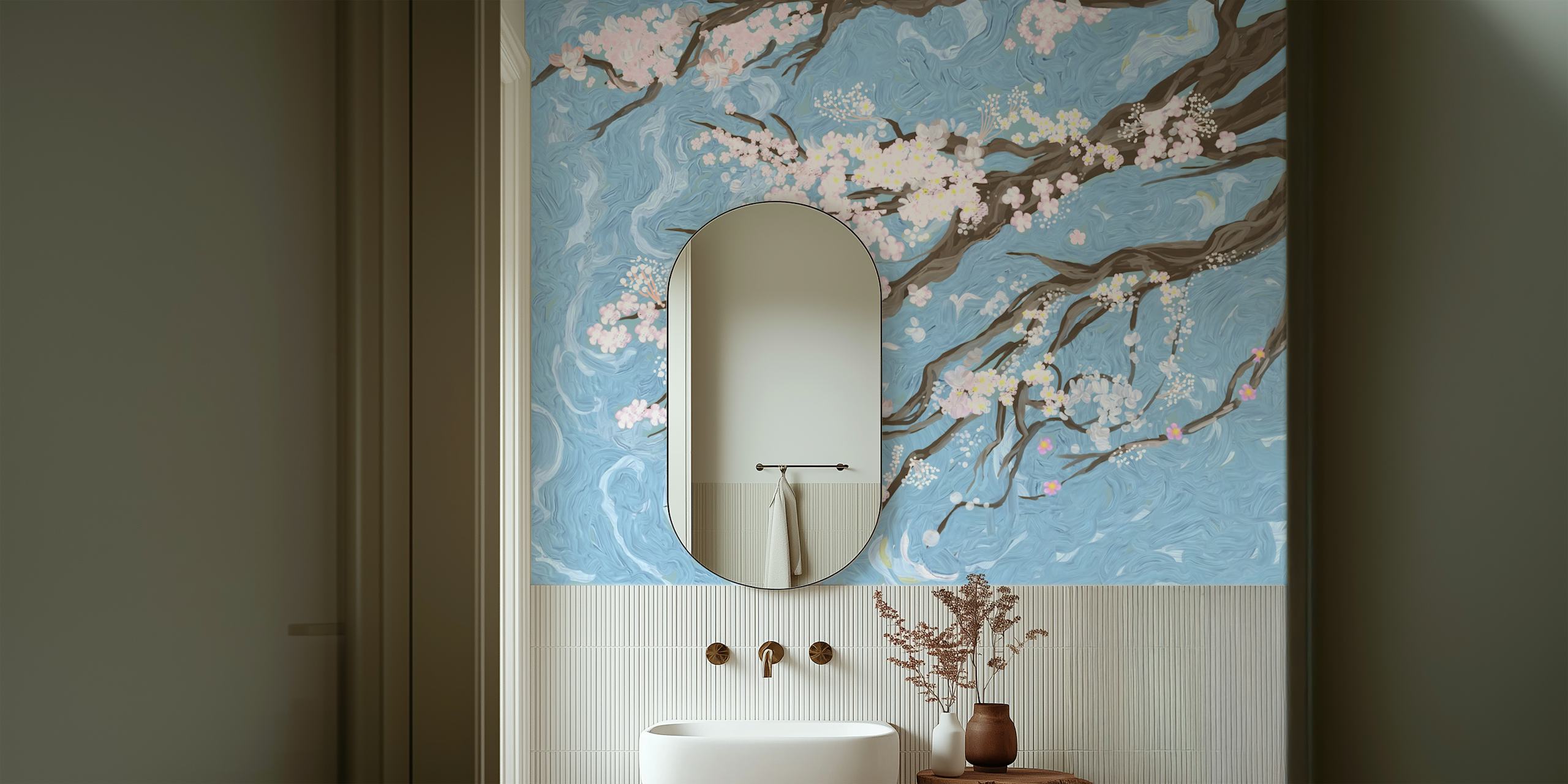 Cherry blossom branches in pink and white against a blue background wallpaper