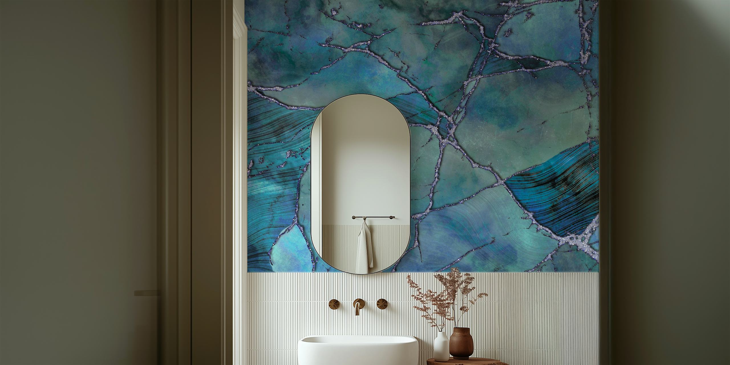 Luxurious blue marble gemstone texture wall mural with swirling patterns and rich tones.