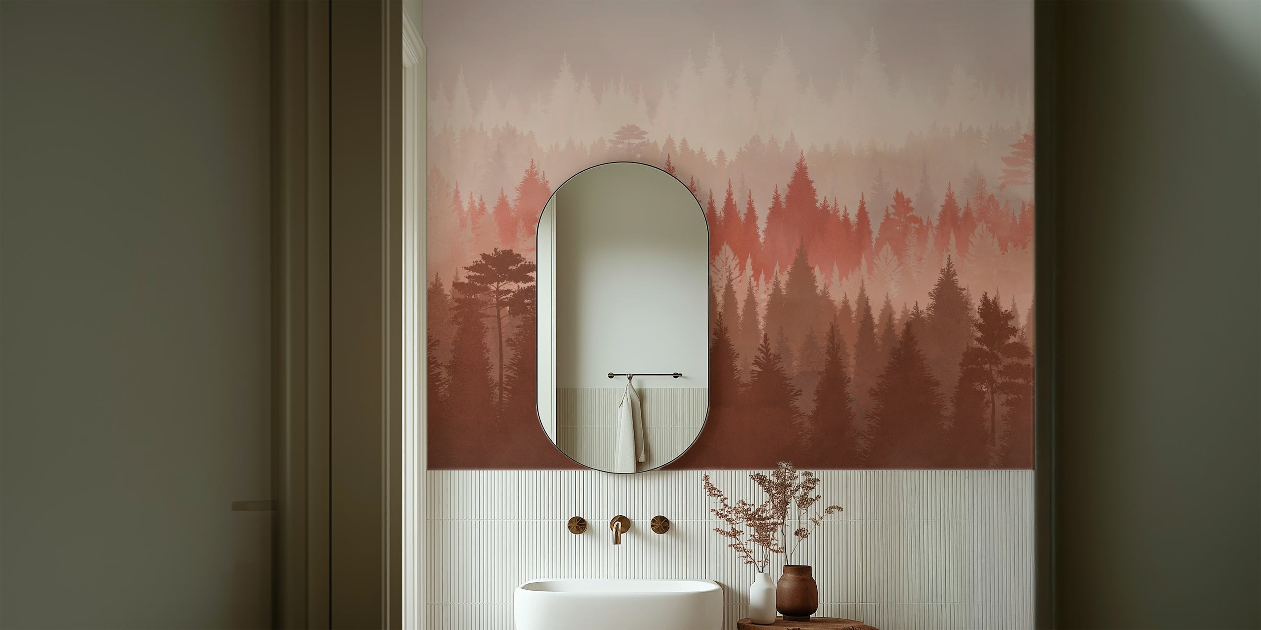 Layered forest silhouette in warm red and brown tones wallpaper
