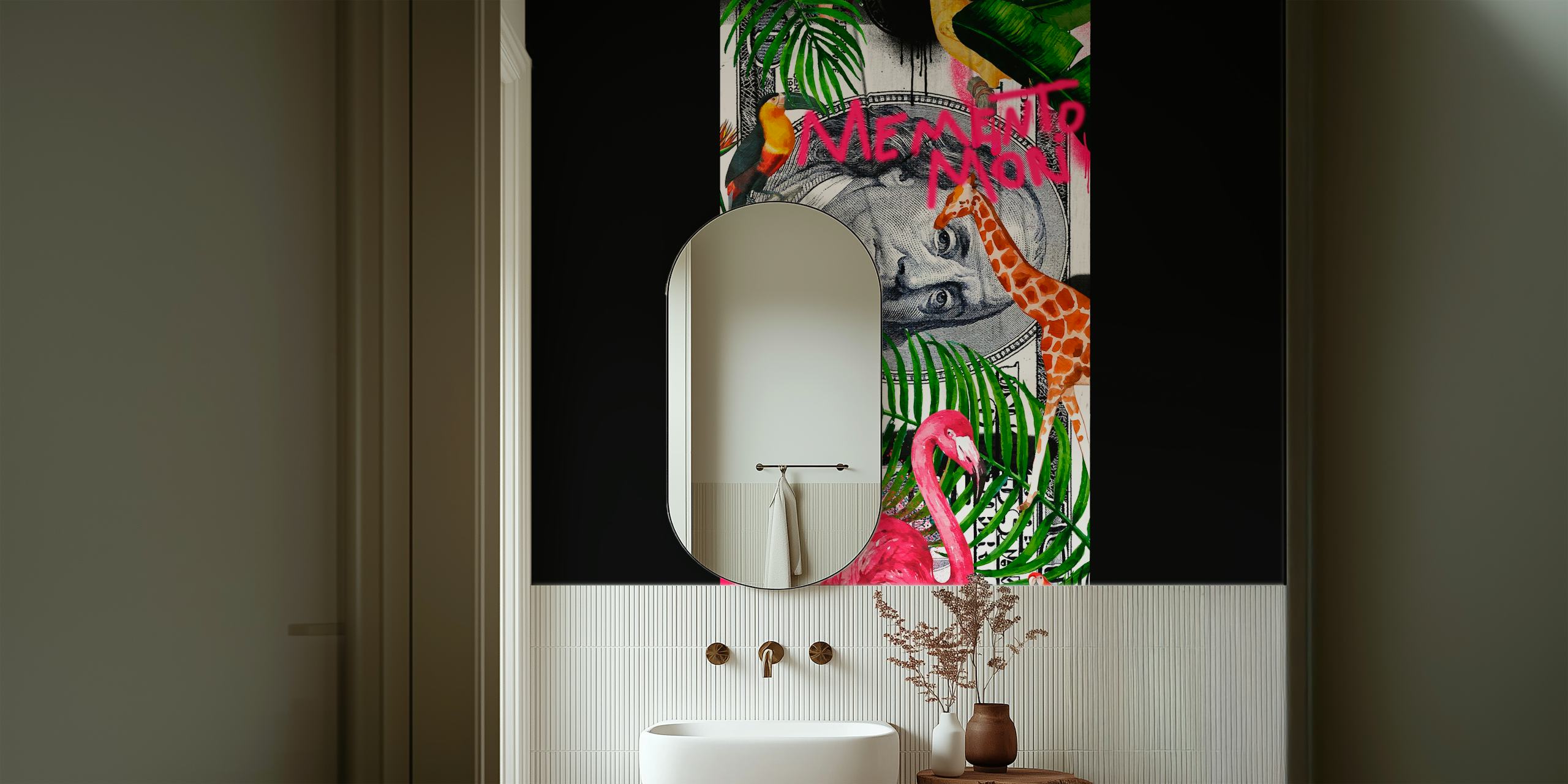 Memento Mori Money-vægmaleri med elefanter, flamingoer, giraffer og tropiske planter på Happywall