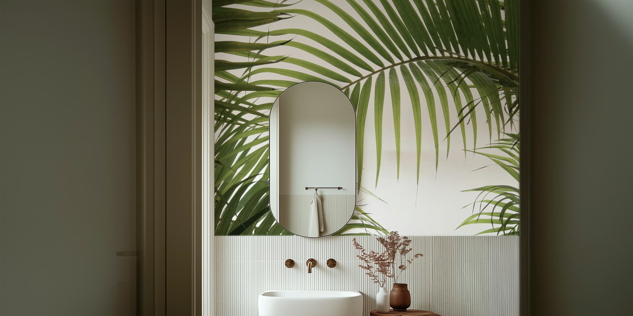 Green tropical palm leaves on soft white background wallpaper