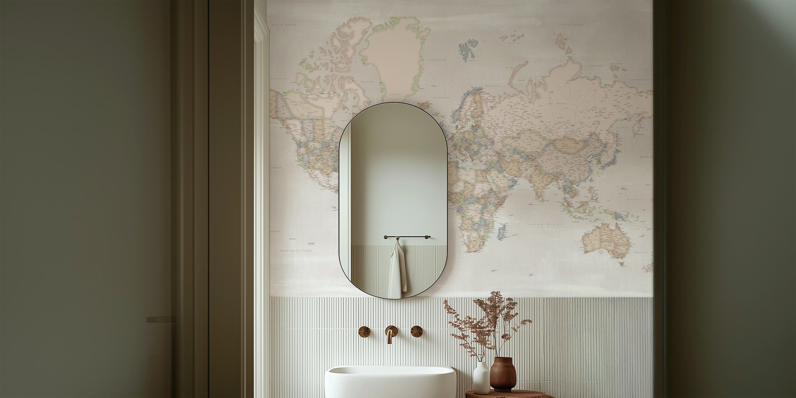 Carta da parati con mappa del mondo ad alta definizione in una stanza