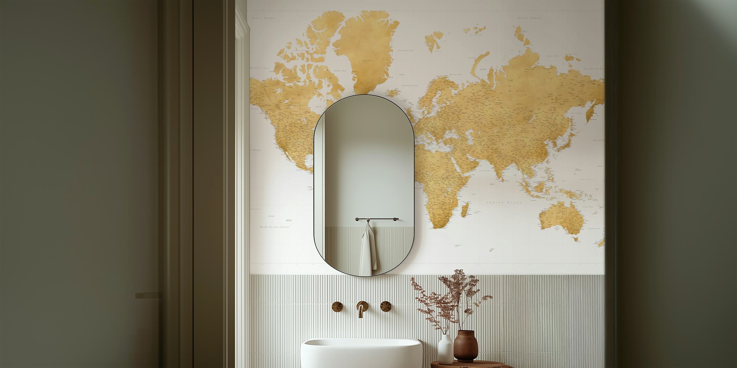 High detail world map wallpaper in a room