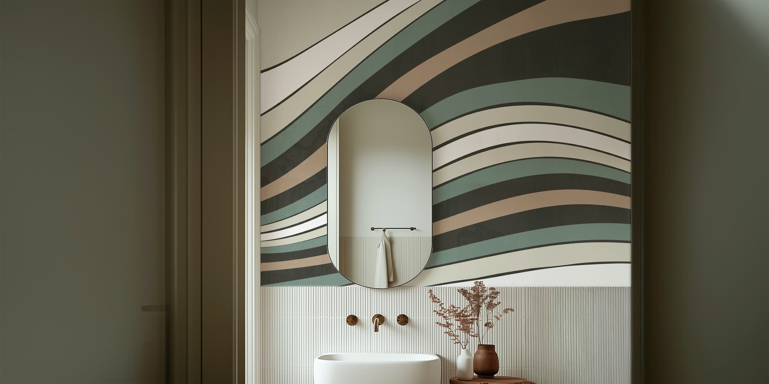 Abstract wave pattern in earthy tones: black, beige, teal, white wallpaper