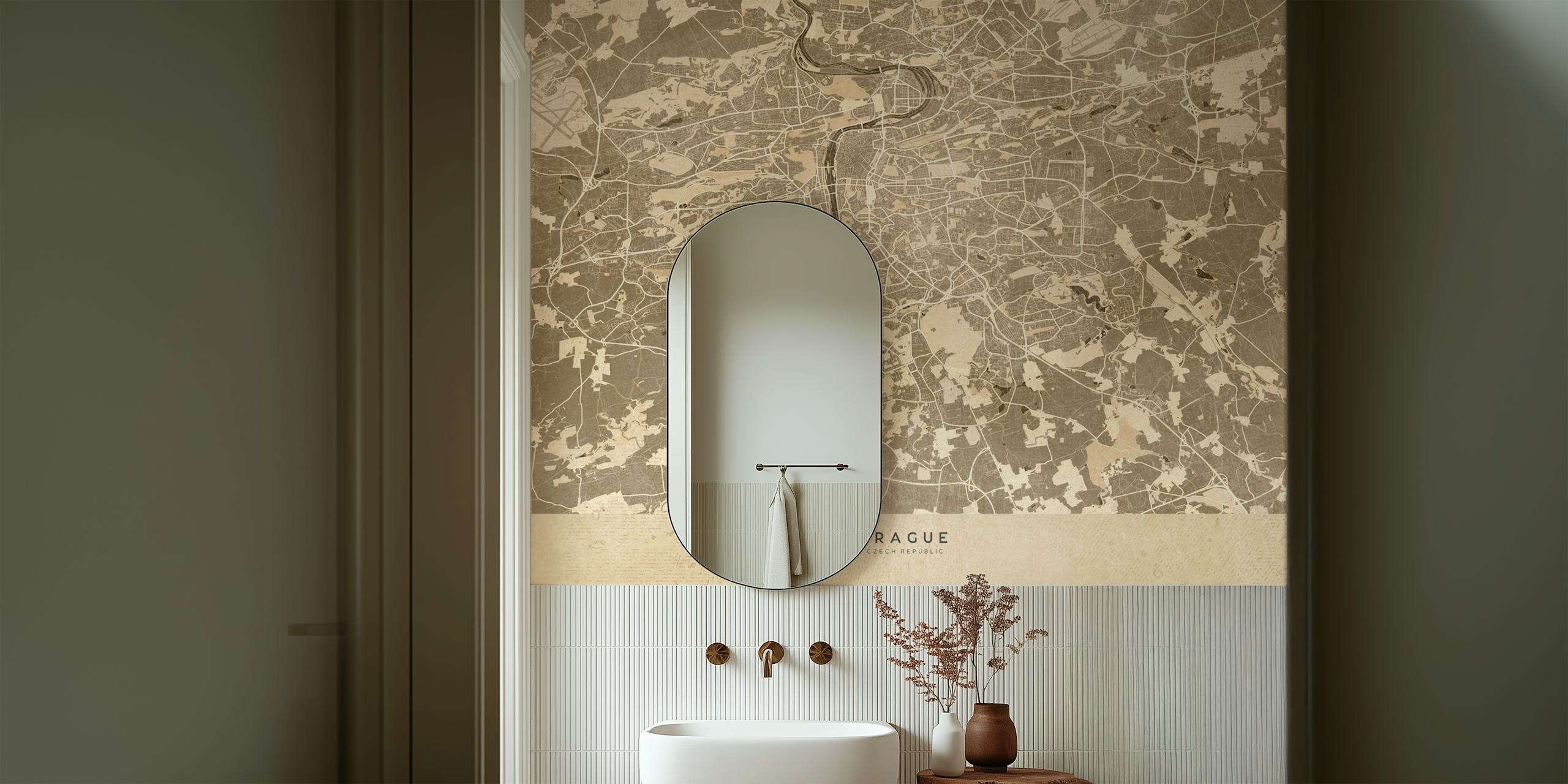Carta da parati vintage seppia di Prague map in una stanza