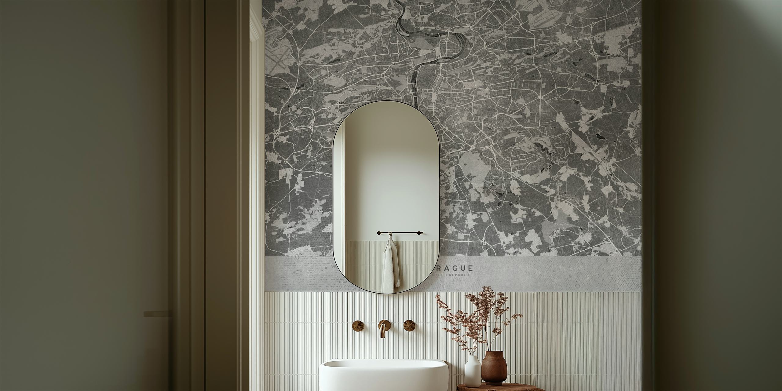 Gray vintage Prague map carta da parati in una stanza