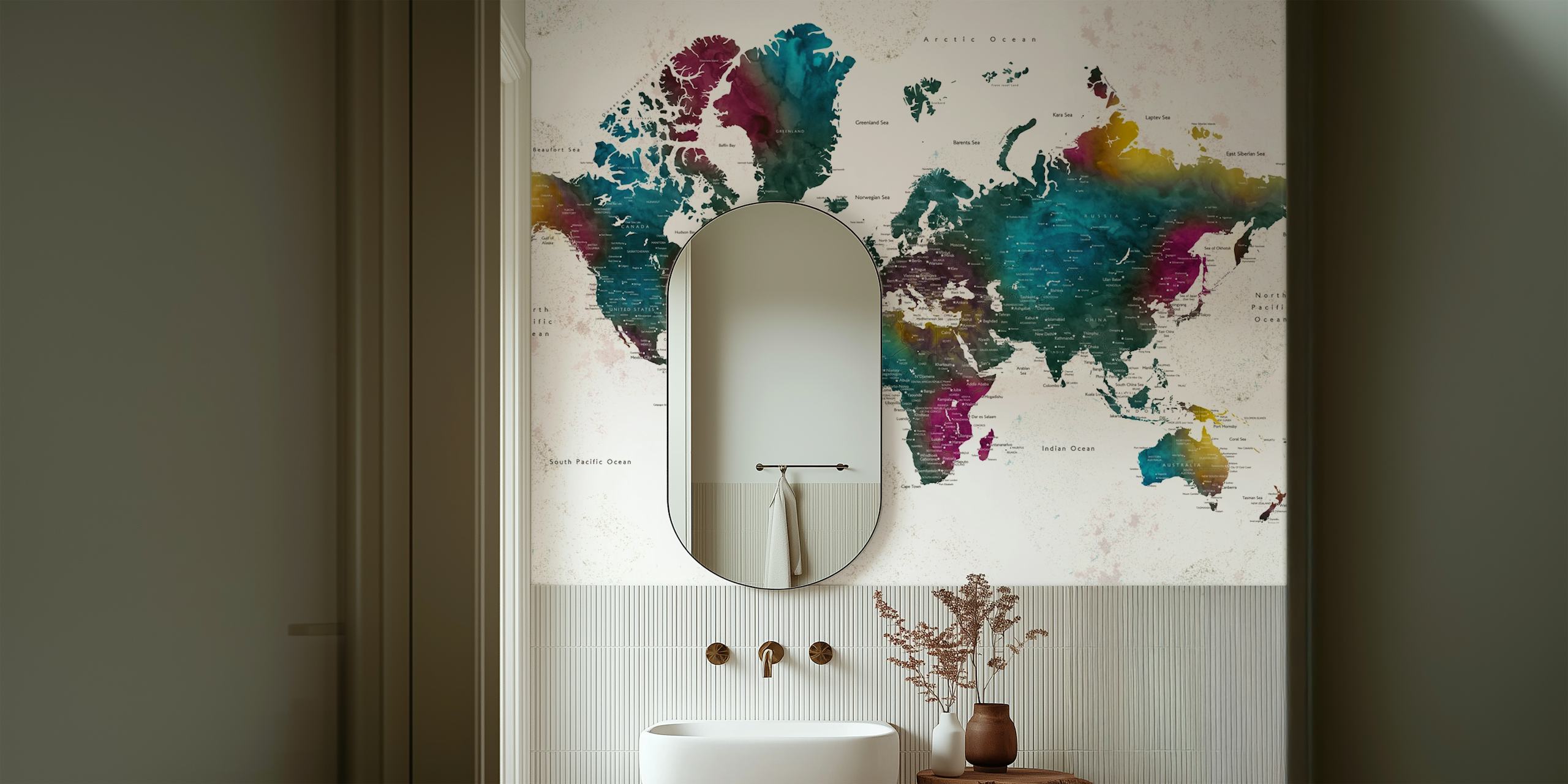 Colorful world map wallpaper in a room