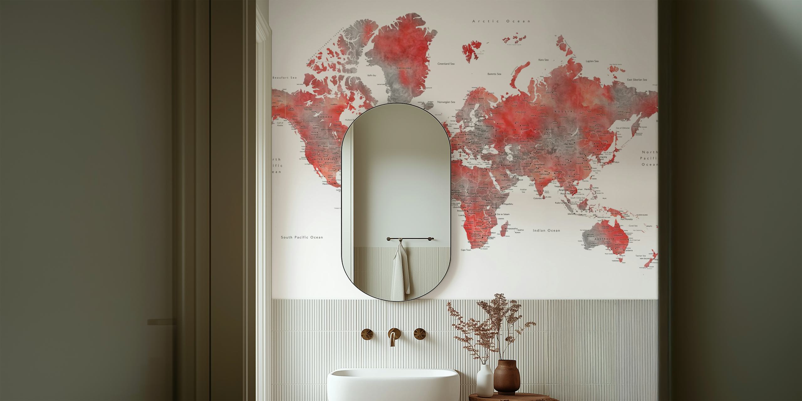 World map with cities in red watercolor style wallpaper
