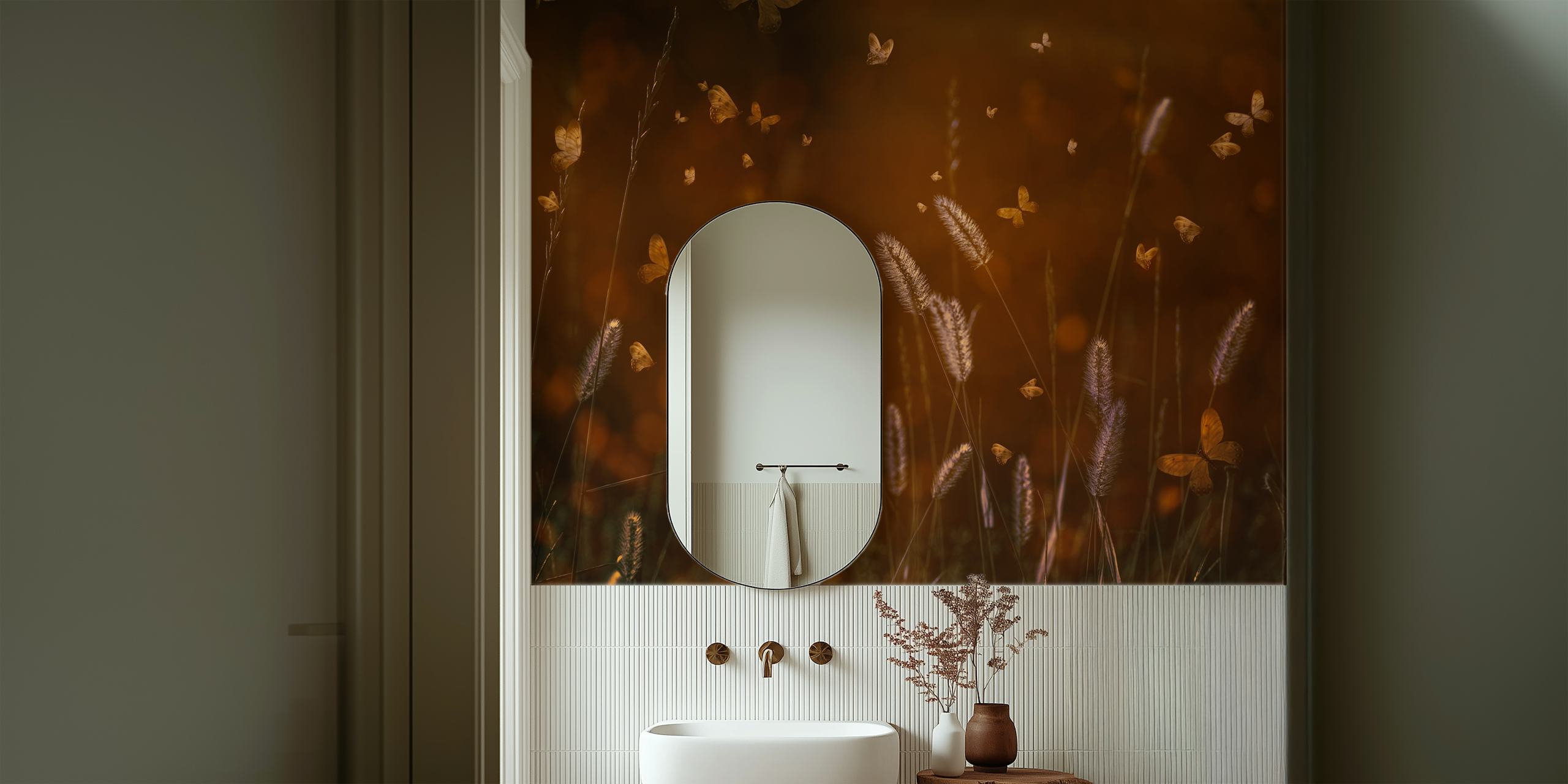 Butterfly pattern with warm brown tones in floral style wallpaper