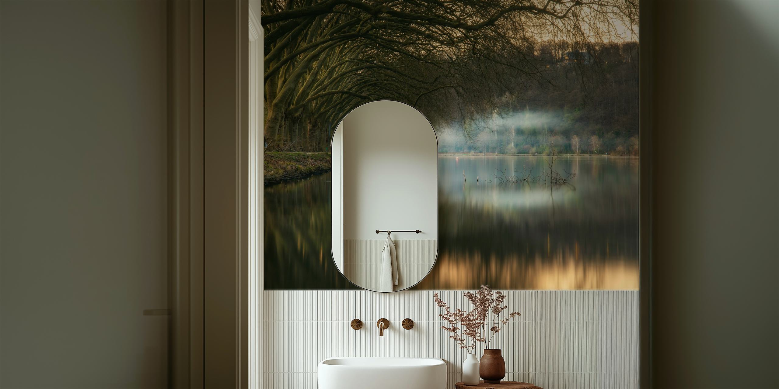 Misty lakeside wall mural with trees reflecting on calm water.