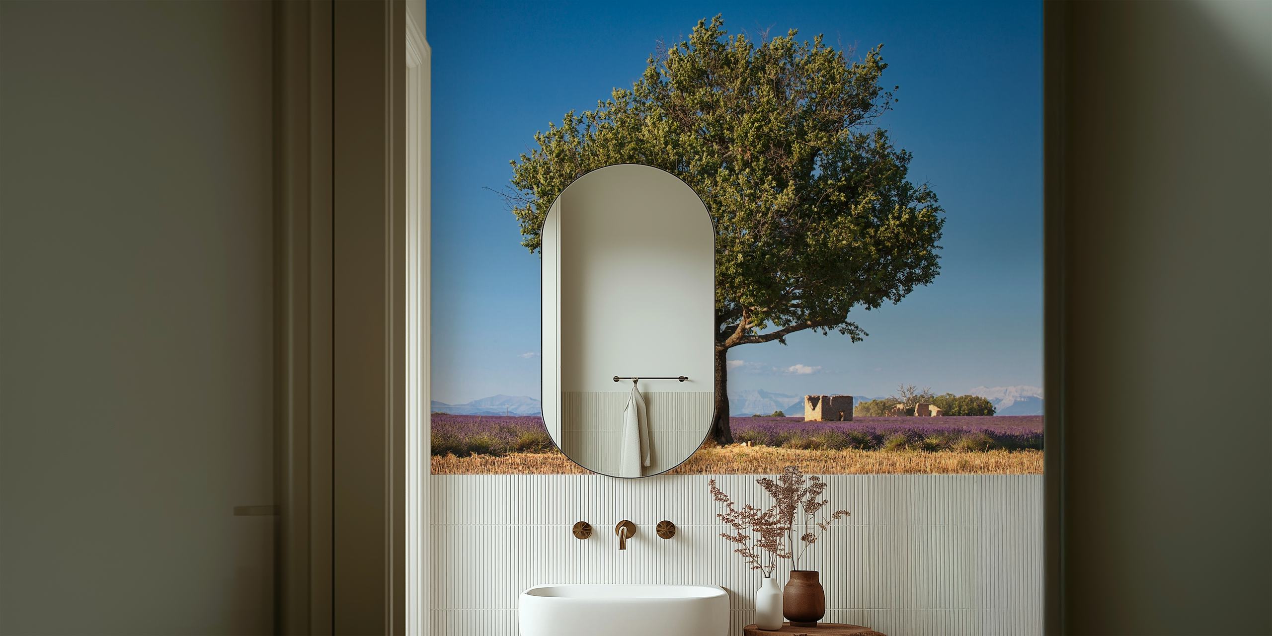 A tranquil wall mural depicting a solitary tree in a lavender field with a clear blue sky in Provence.