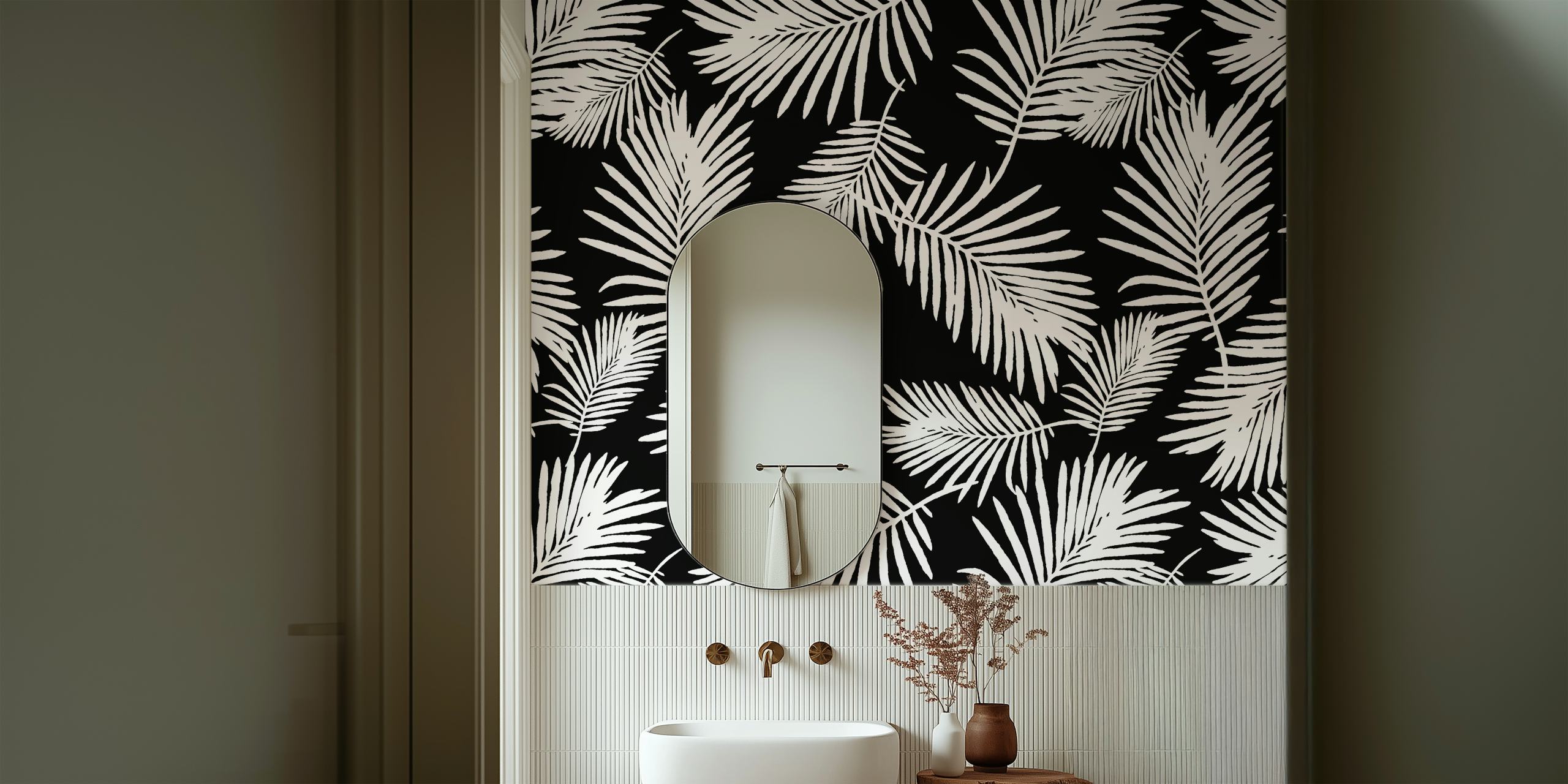 Black and white tropical palm leaf pattern wallpaper