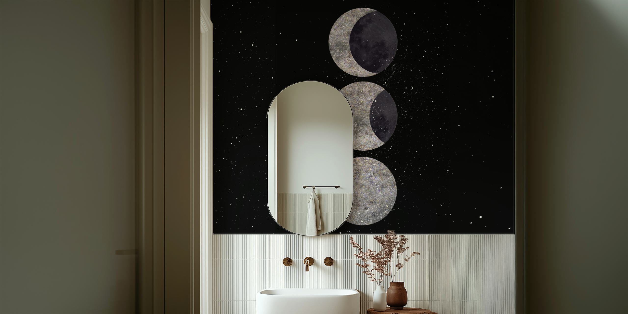 Three phases of the moon in grayscale against a black background wallpaper