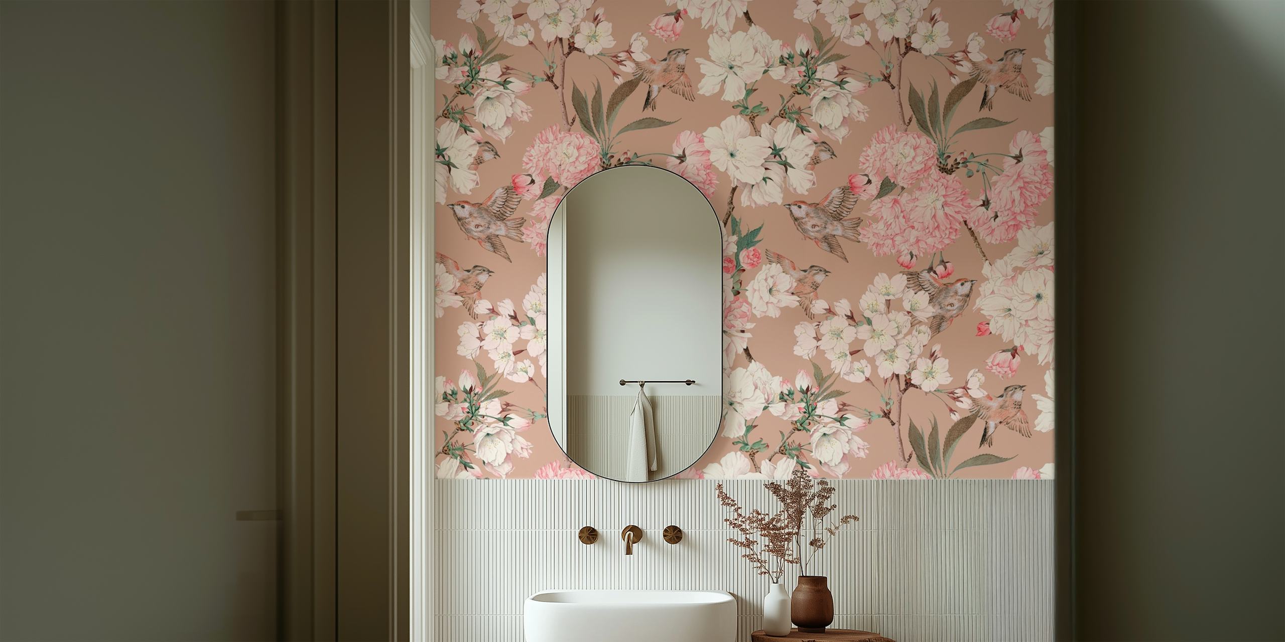 Vintage kersenbloesem op taupe achtergrondmuurschildering