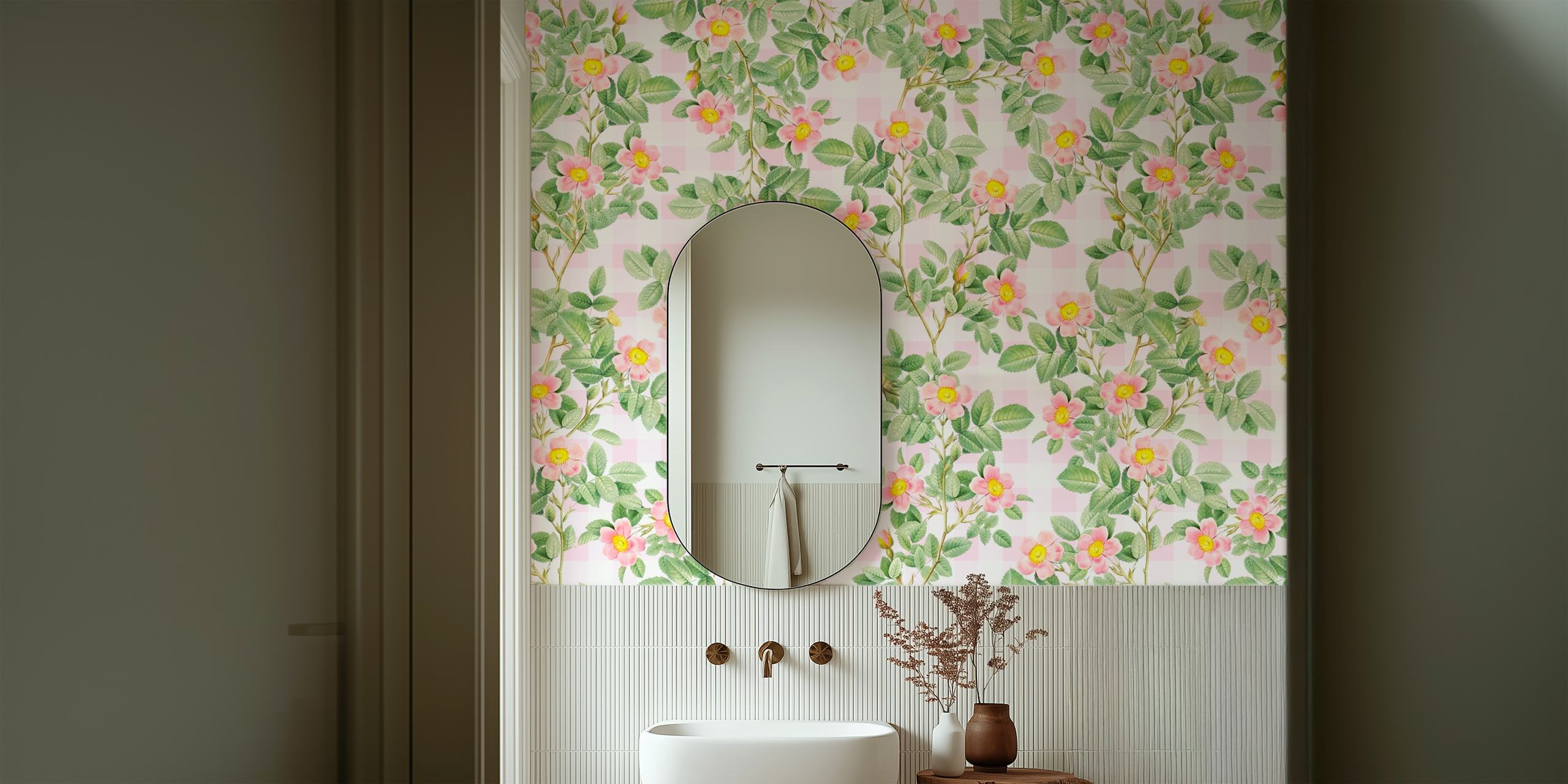 Pink roses with green leaves on a gingham background wallpaper