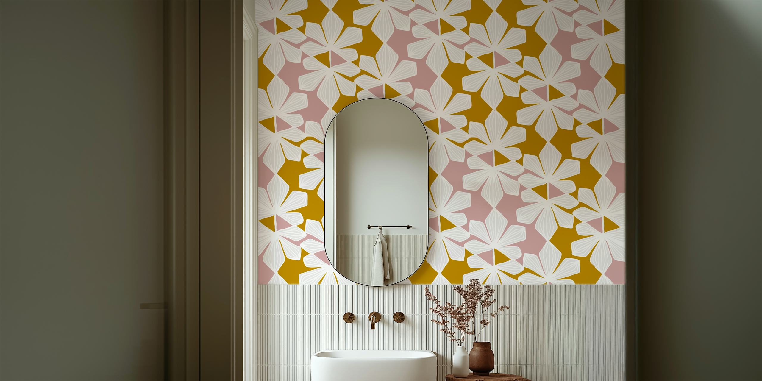 Pink and gold geometric floral wallpaper