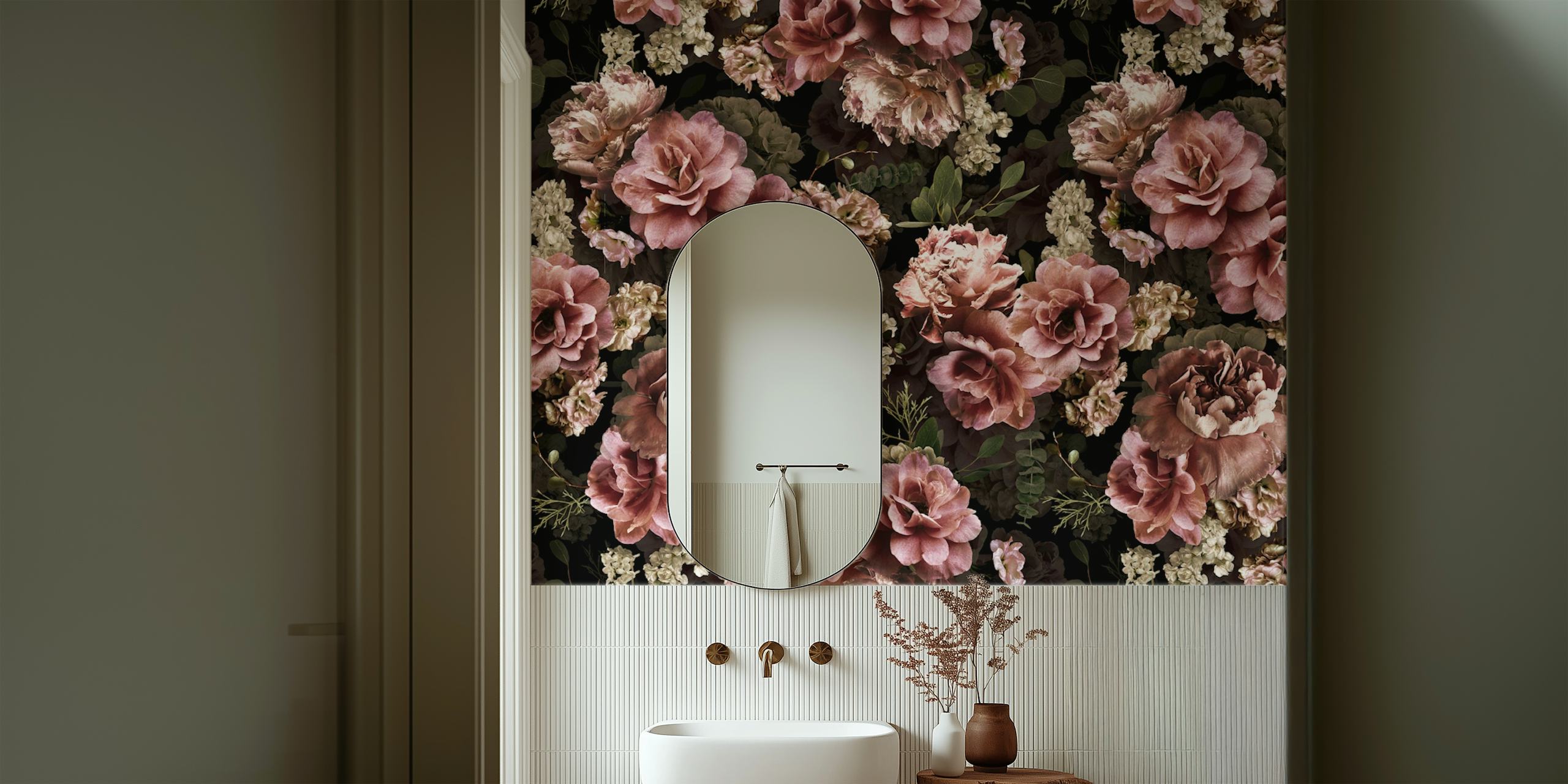 Pink floral vintage wallpaper featuring lush roses and greenery