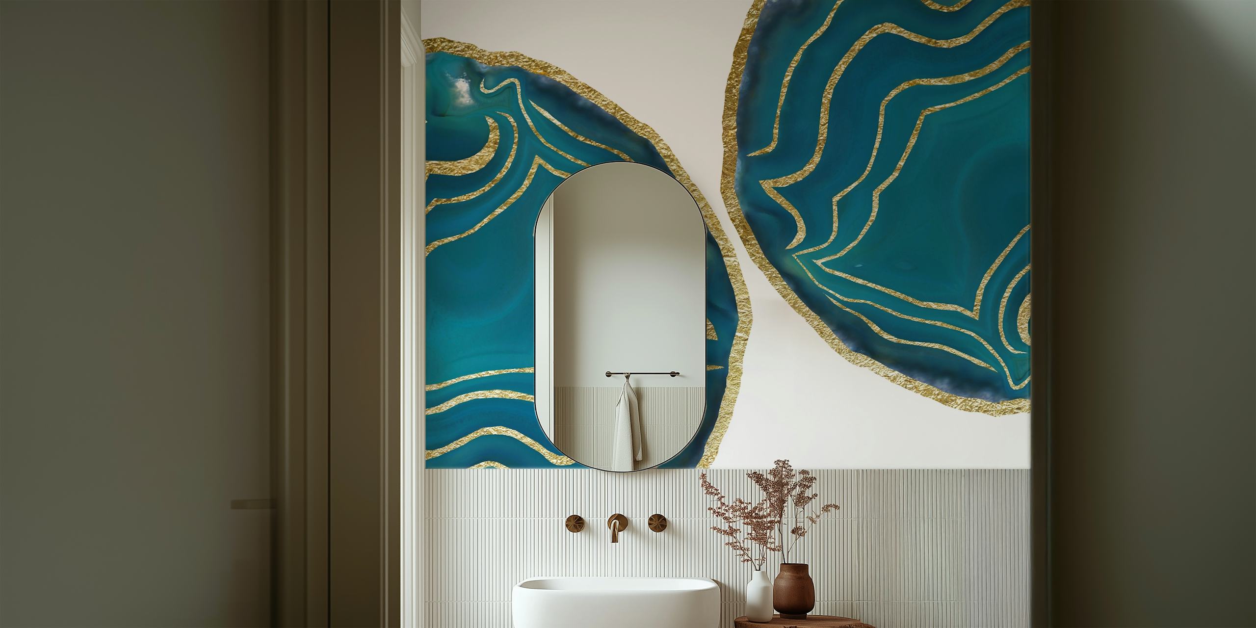 Teal blue agate wallpaper with gold accents