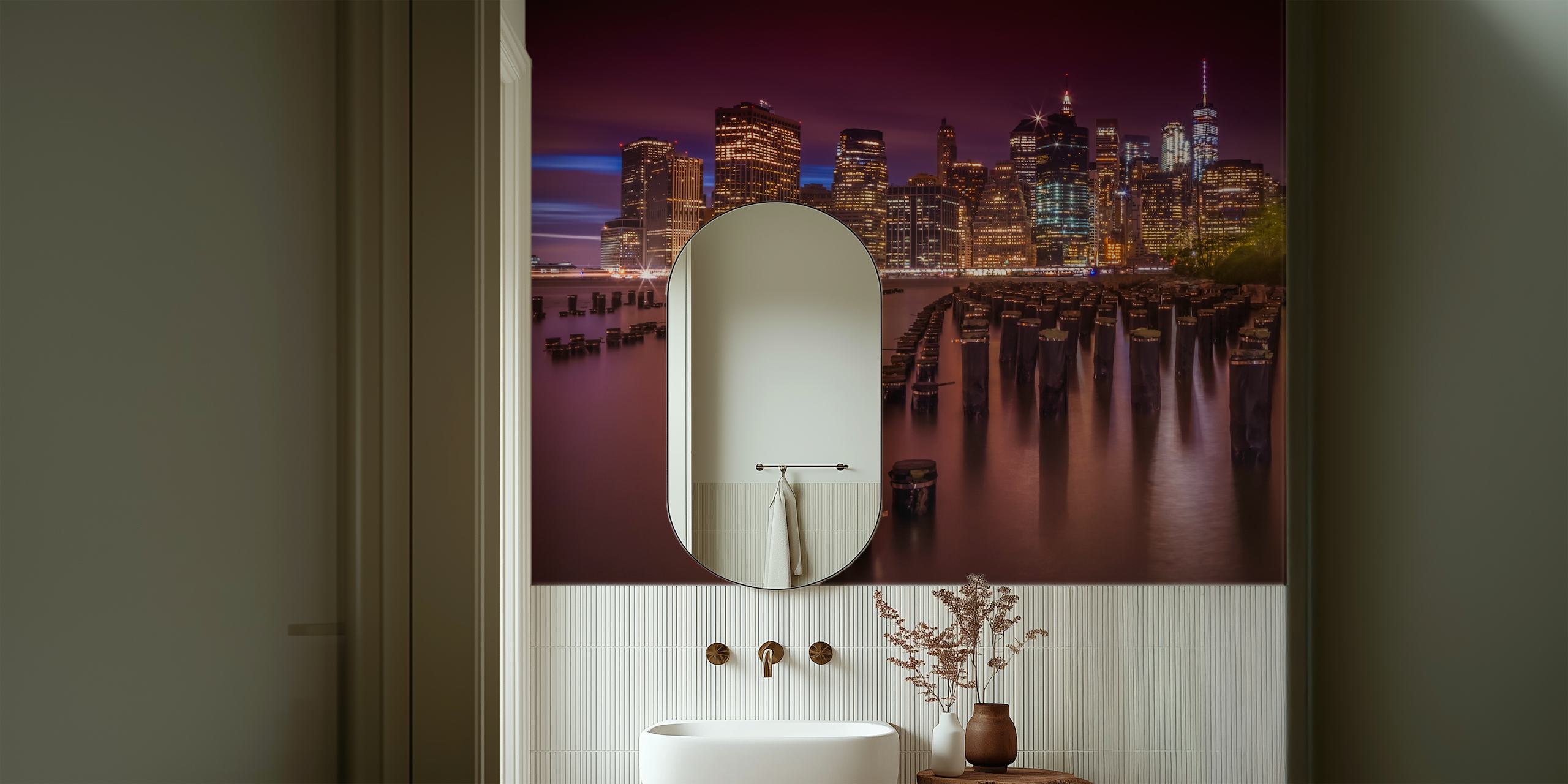 Manhattan skyline at sunset with vibrant colors and reflections. Urban cityscape wallpaper.