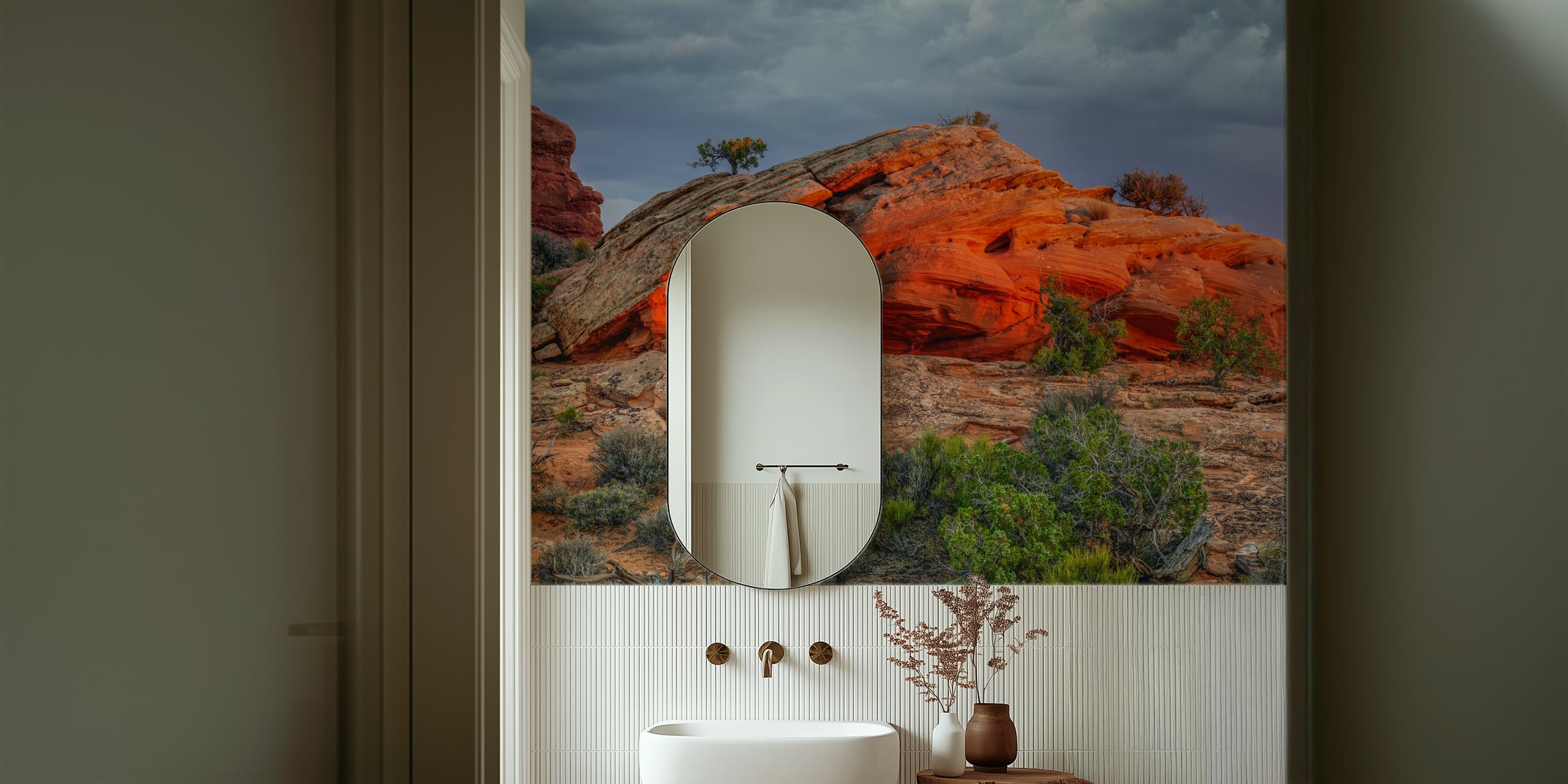 Glowing rock at sunset with vibrant orange hues and natural surroundings. Wallpaper