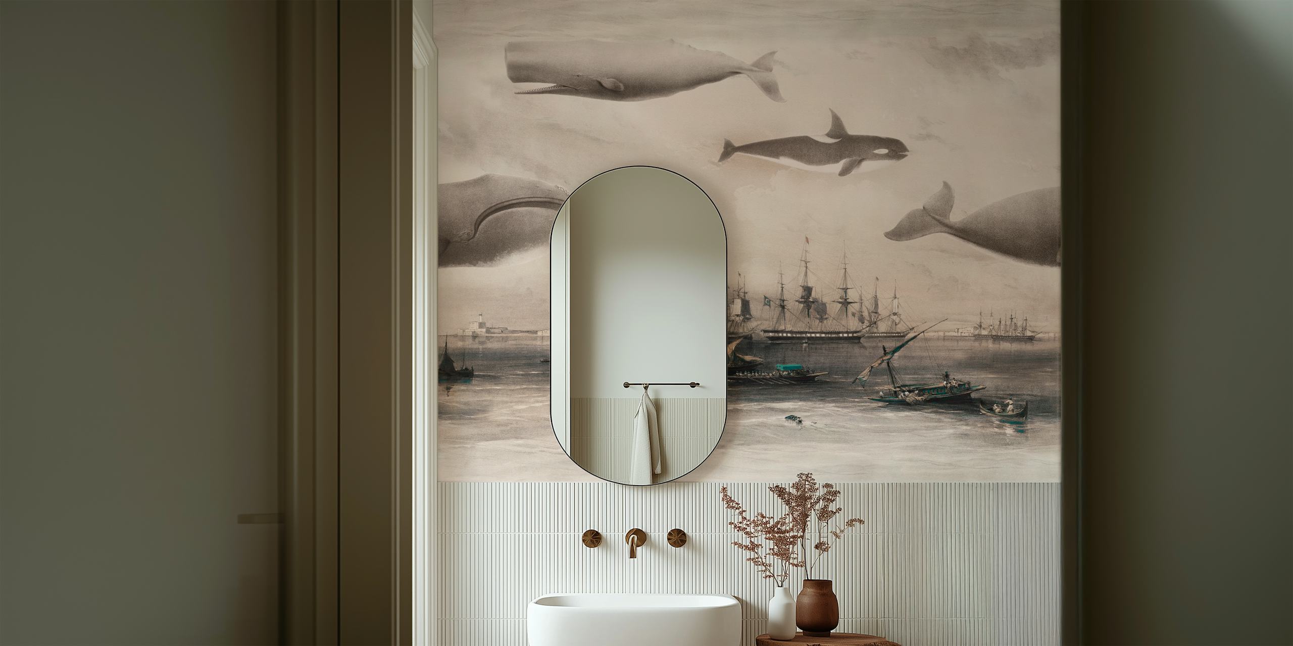 Whales and ships in sepia blue tones wallpaper