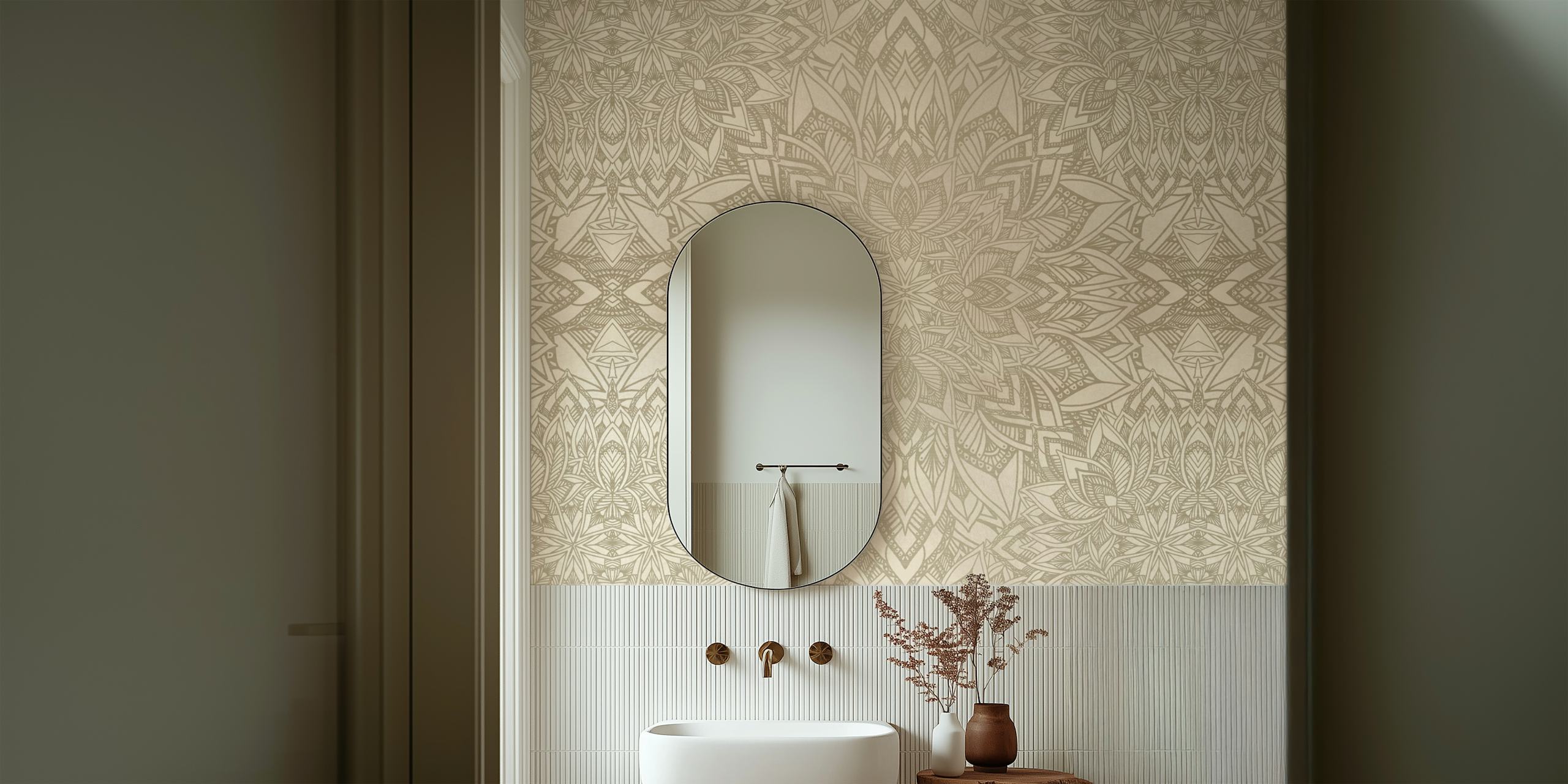 Papier peint mural mandala floral doré avec des motifs dorés complexes sur un fond neutre