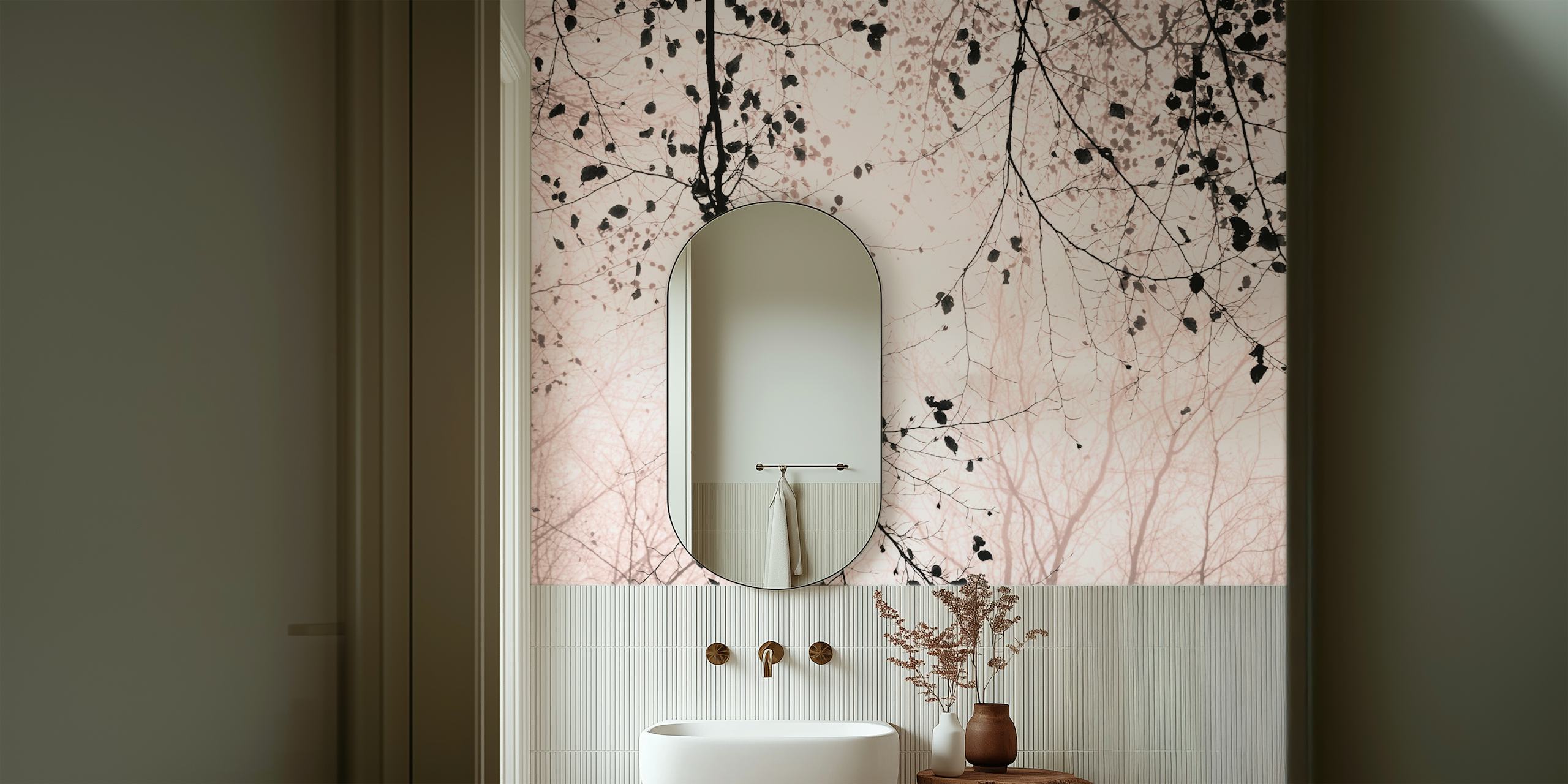 Lichtroze fotobehang met een delicaat patroon van bladeren en takken, waardoor een vredig en elegant ontwerp ontstaat