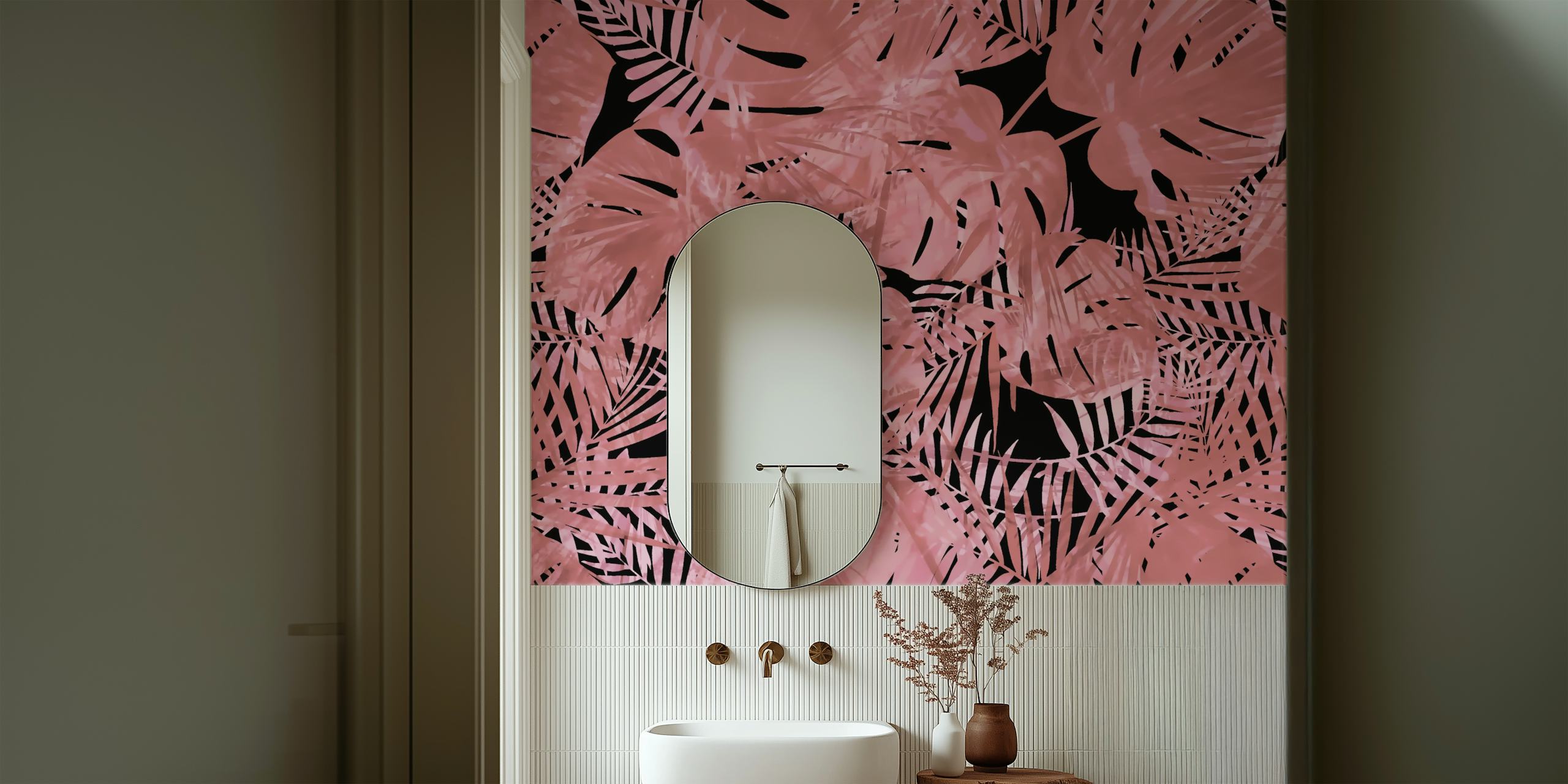 Fotomural vinílico de parede com padrão de folhas monstera rosa blush para decoração de interiores moderna
