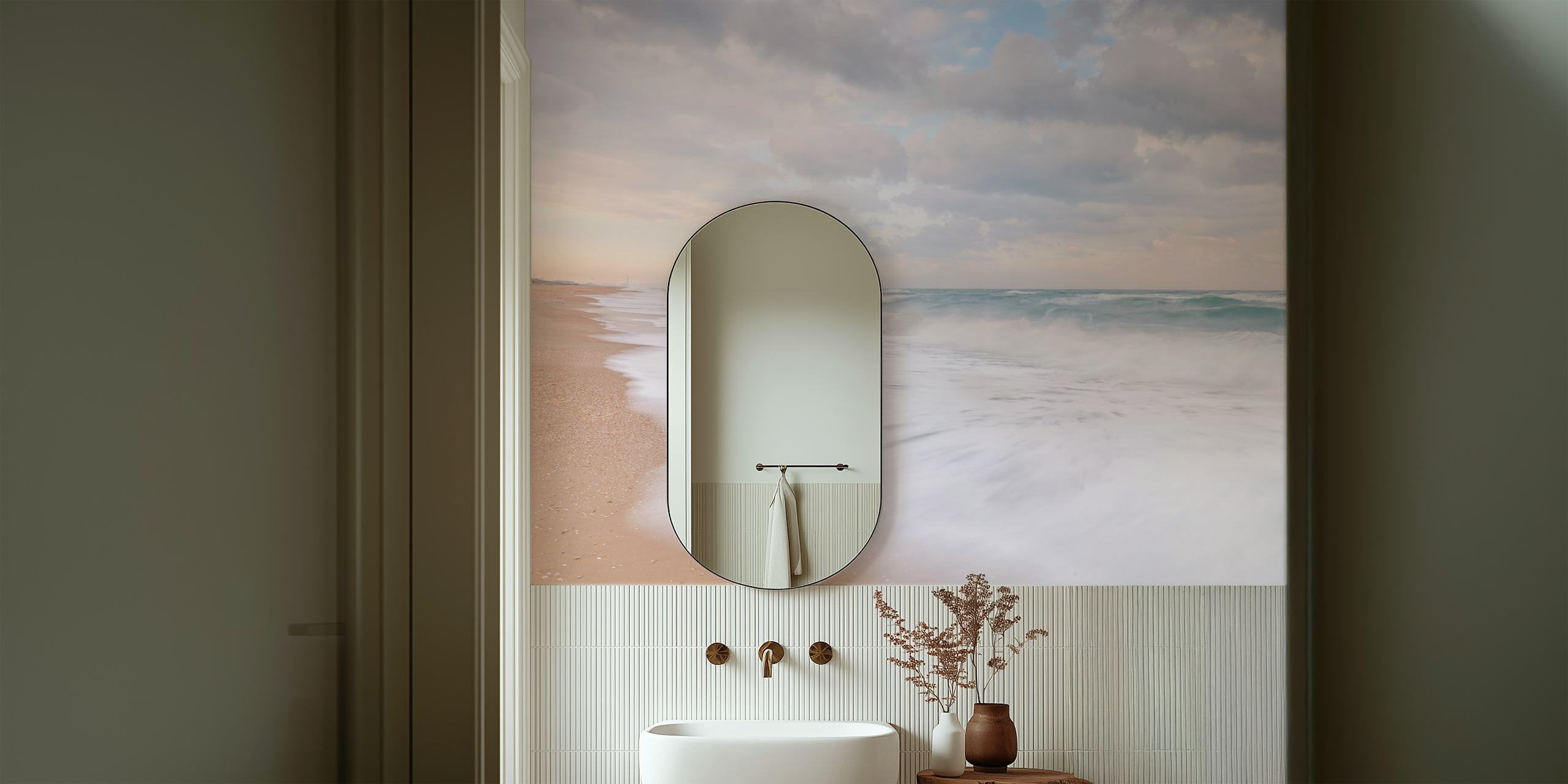 Soothing beach wall mural with gentle waves and soft sands