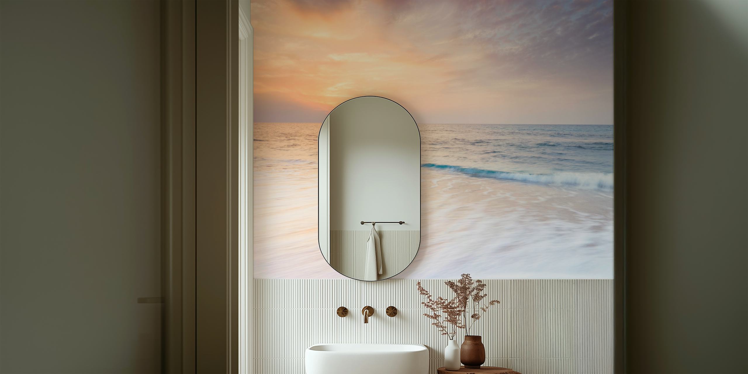 Seascape with sunset hues of orange and blue, peaceful beach wallpaper