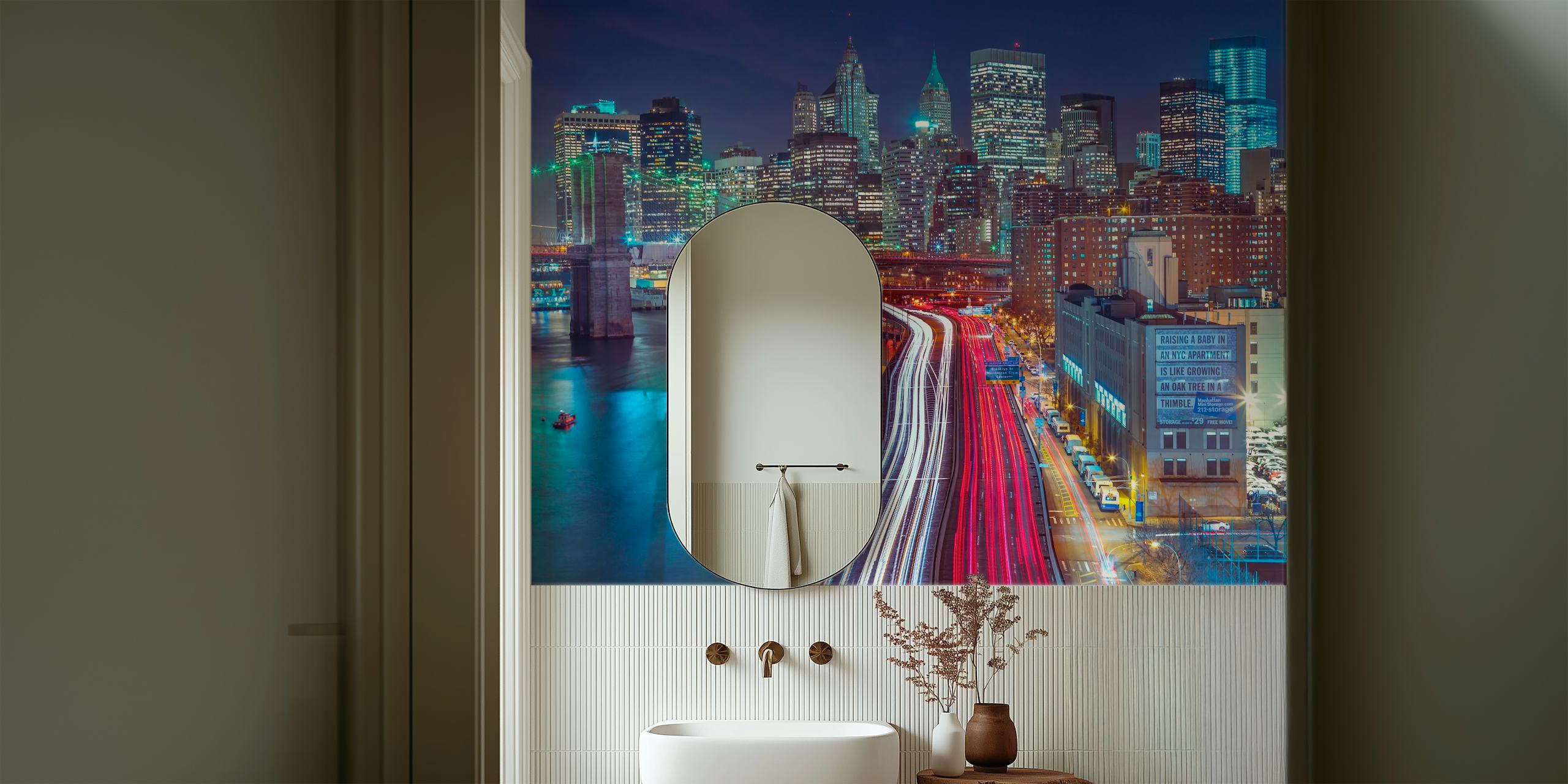 Nighttime view of Manhattan's illuminated skyline and busy streets wall mural.