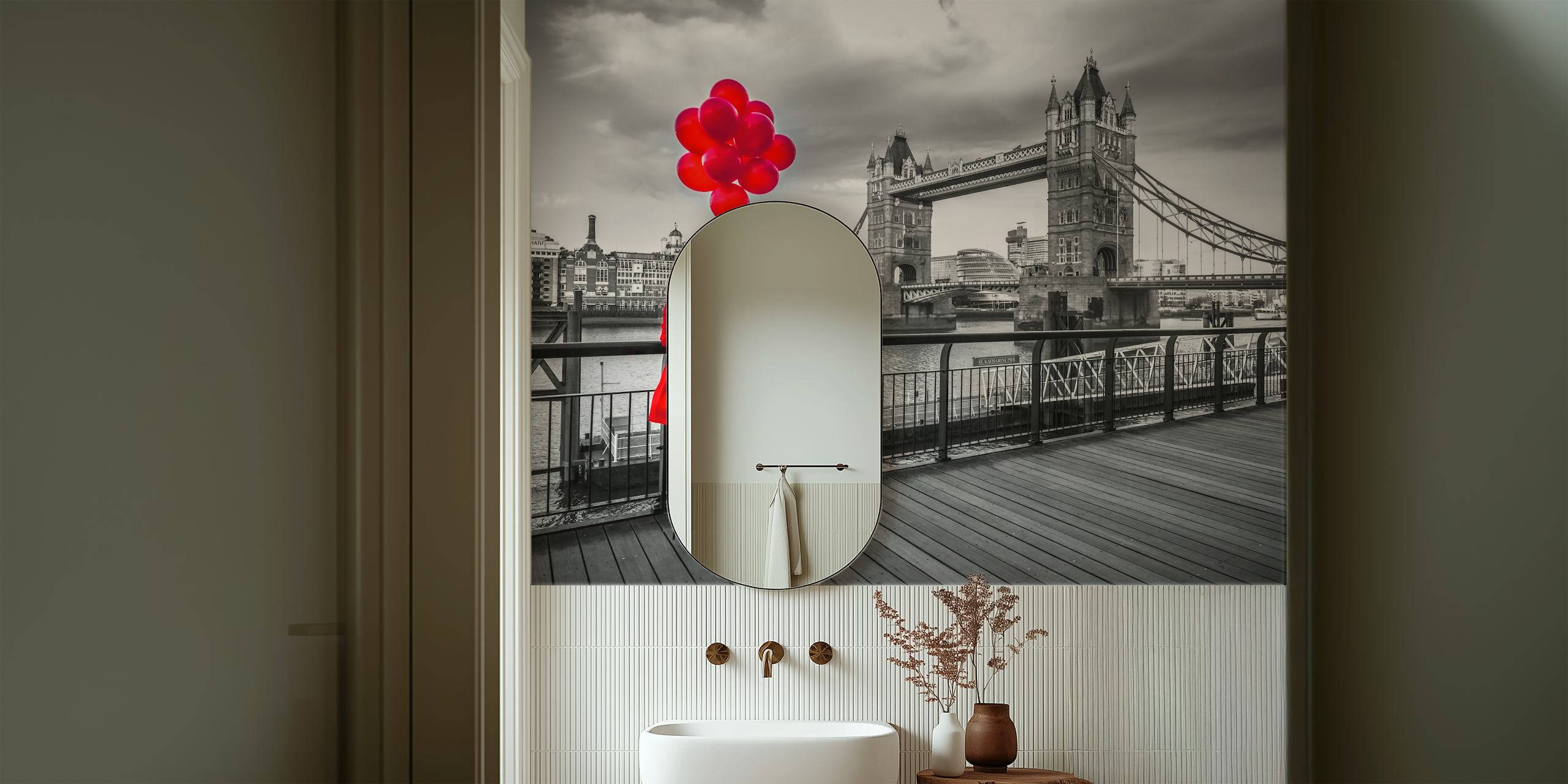 Woman in red dress with balloons near London Bridge, black and white background wallpaper