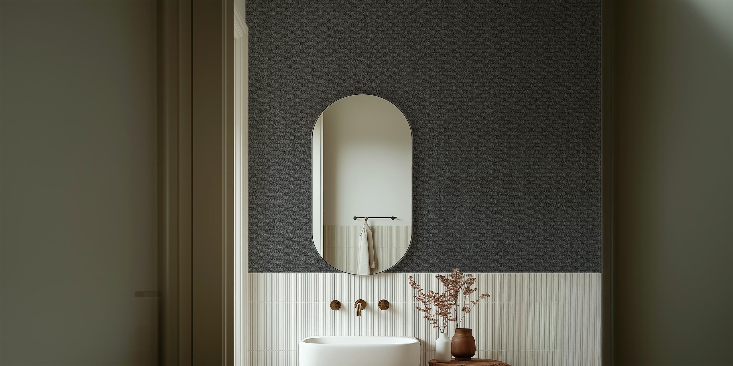 Black textured fabric wall mural with a woven pattern