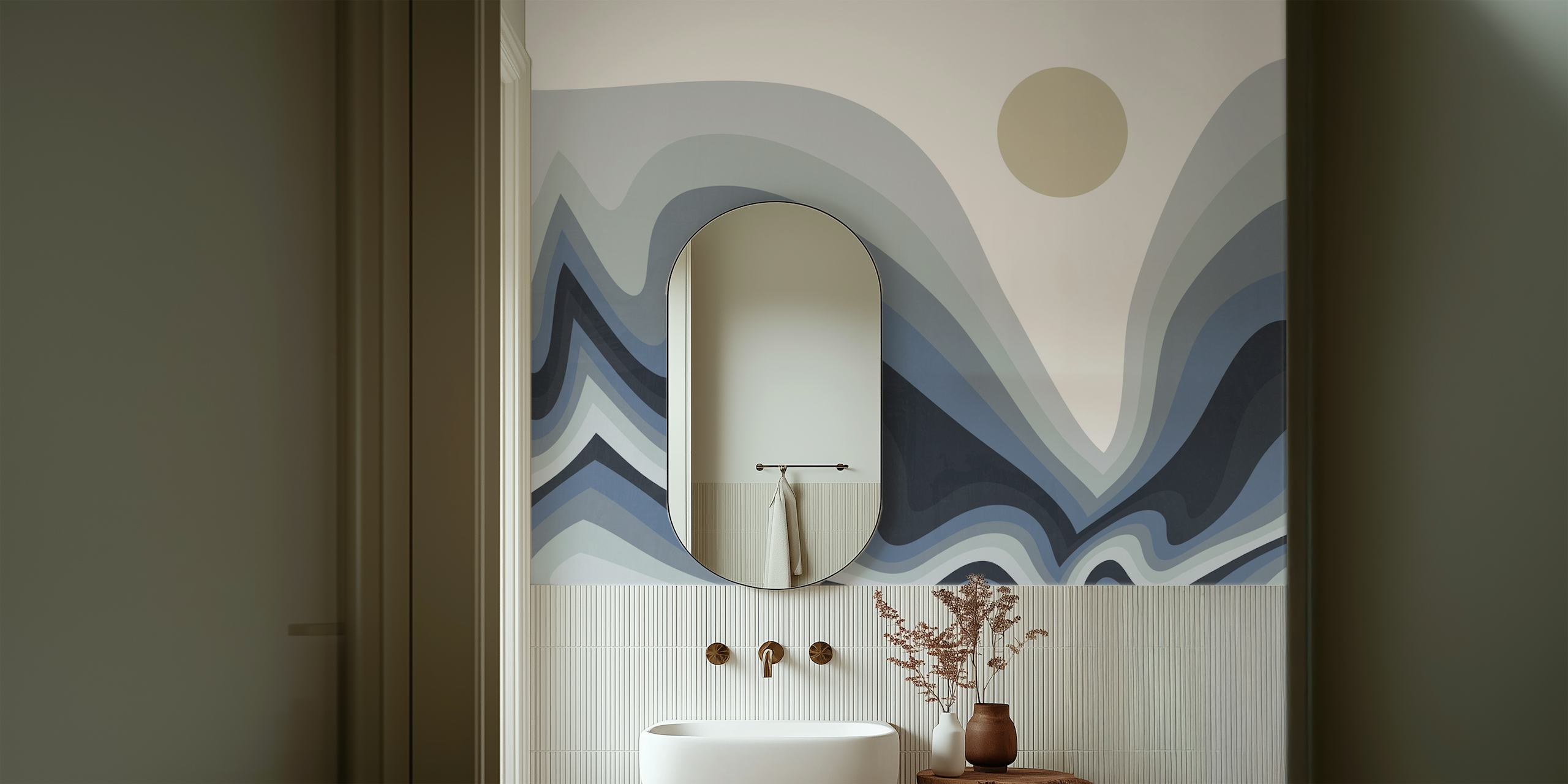 Abstrakte Landschaft mit geschwungenen Linien in Grau- und Cremetönen, mit einer einsamen blassen Sonne.