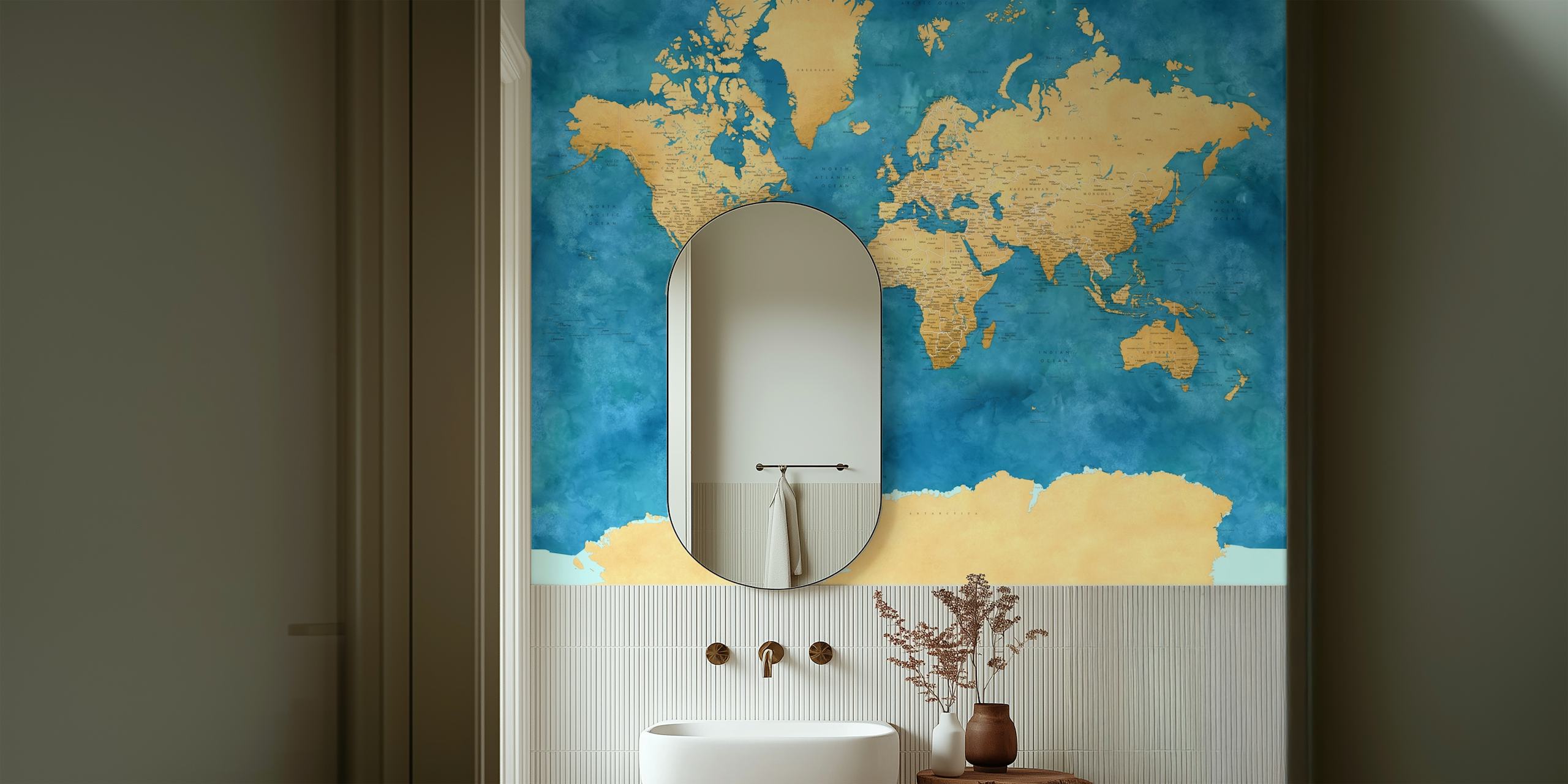 World map wallpaper in a room setting