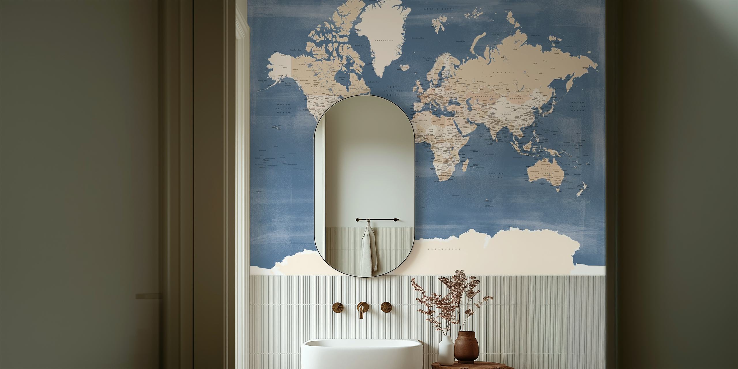 Antique-style world map wall mural with visible Oysin Antarctica