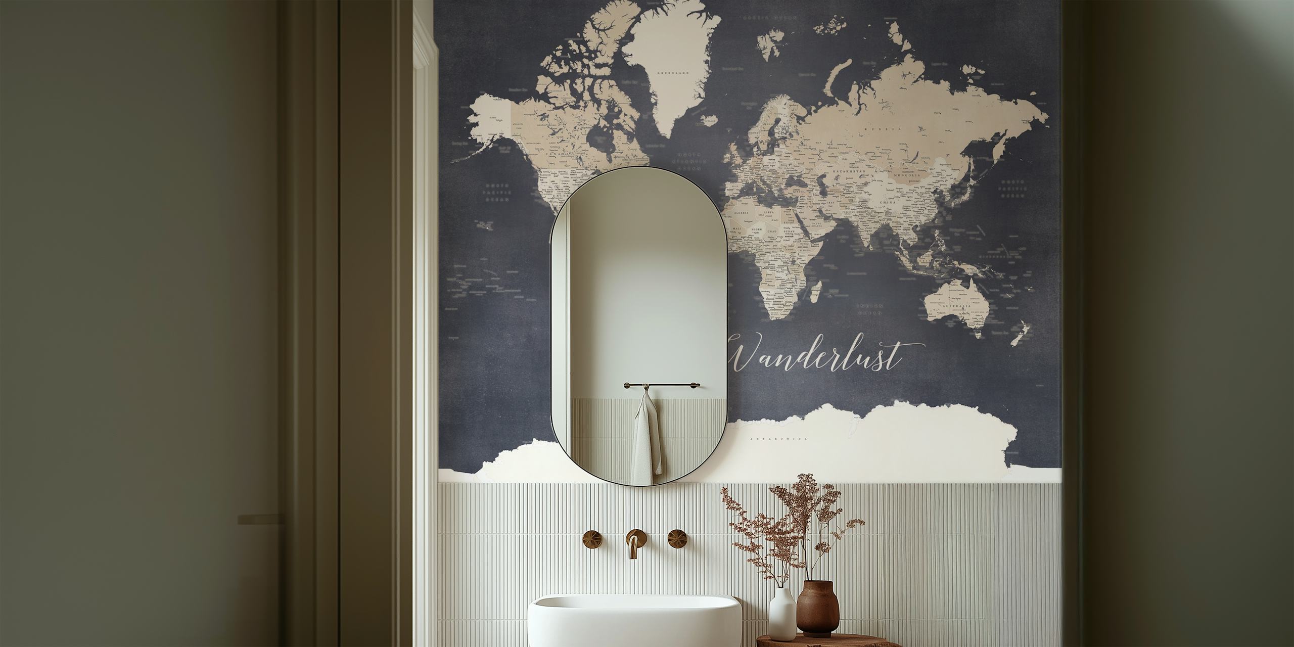 Elegant Wanderlust World Map Glyn A vægmaleri med et dæmpet farveskema og kunstnerisk skildring af kontinenterne.