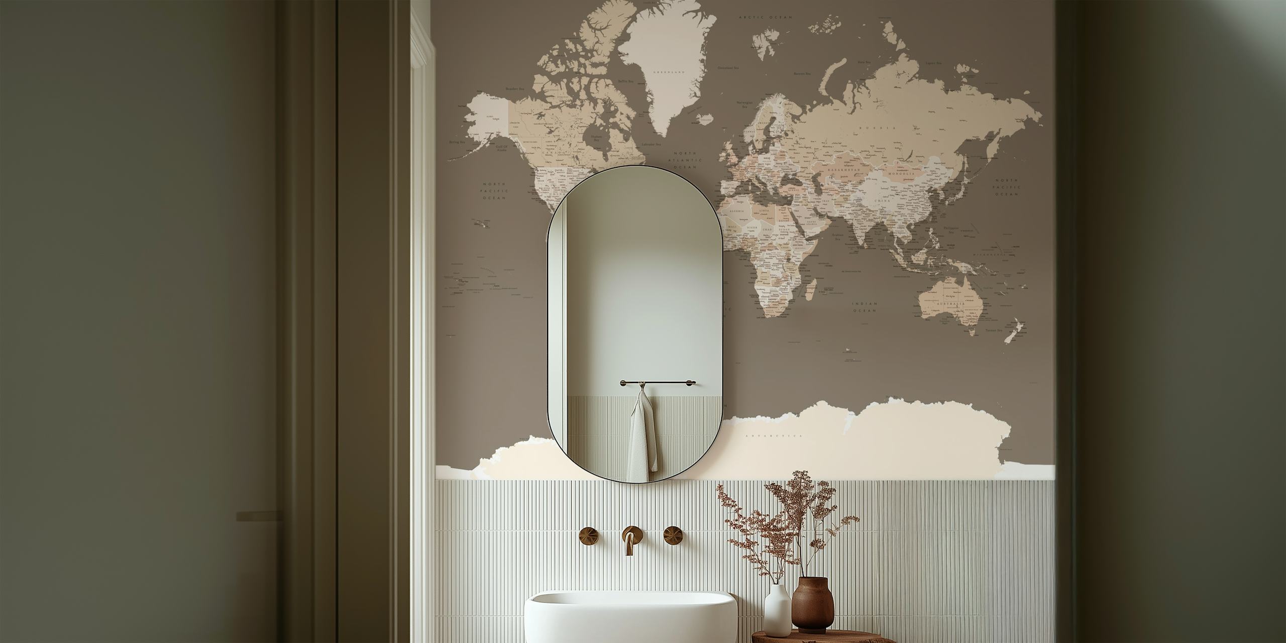 Antique-style world map wall mural in warm earth tones with a focus on Antarctica