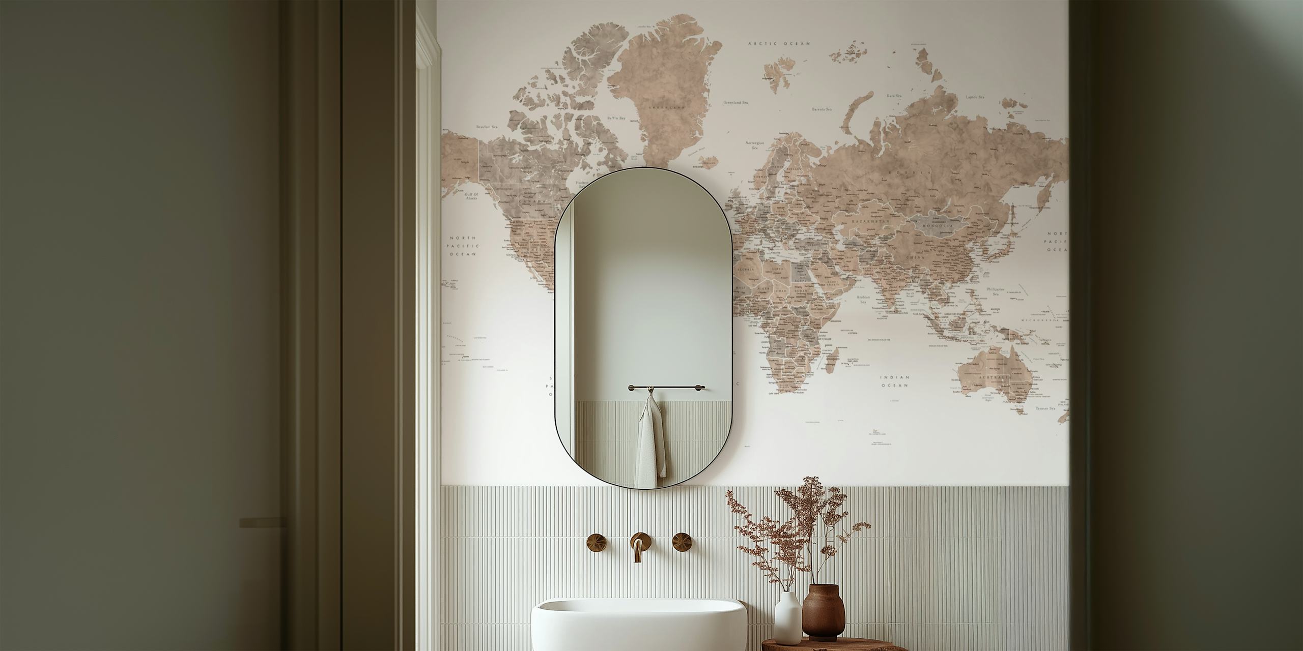 Detailed sepia-toned world map wall mural perfect for educational or decorative purposes in a variety of rooms