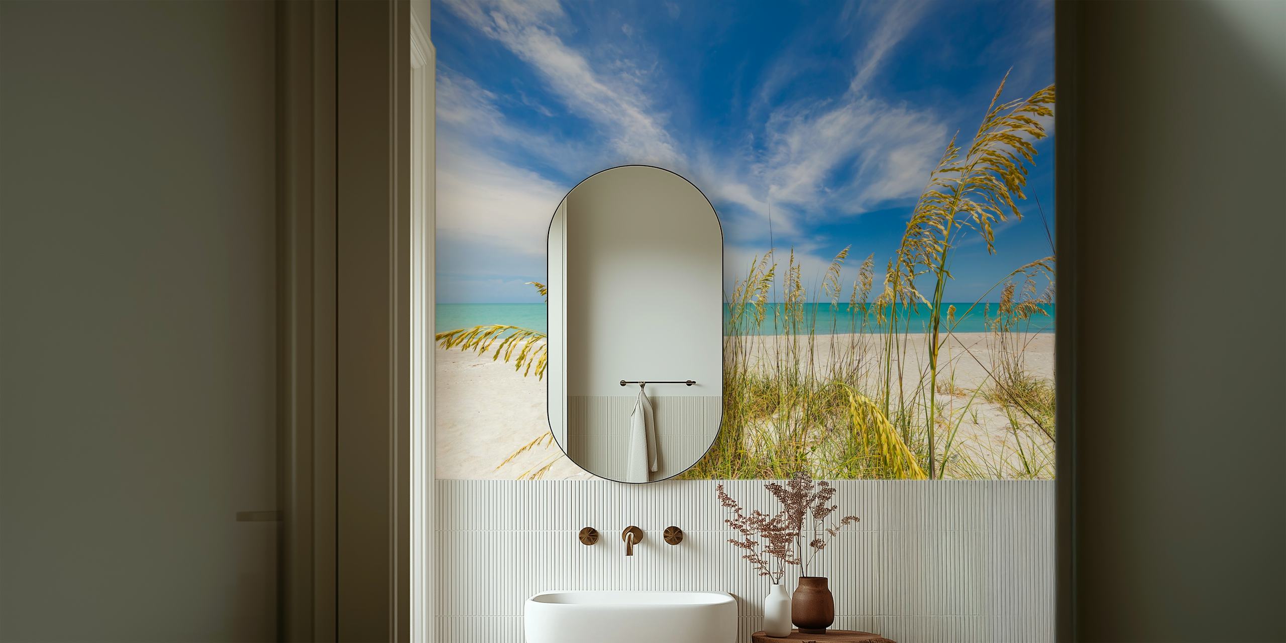 Rauhallinen rantaseinämaalaus merikauralla ja laajalla sinisellä taivaalla