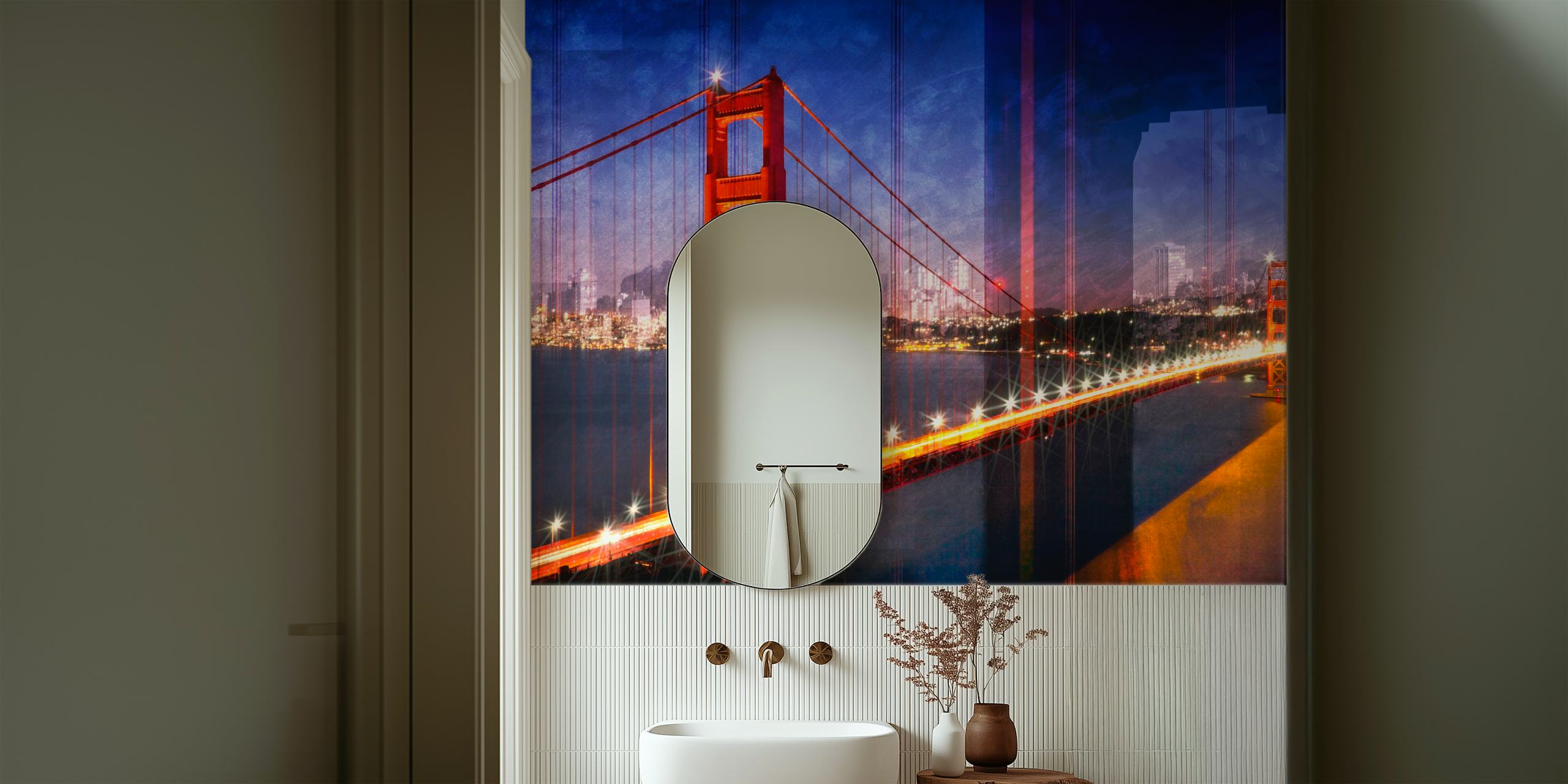 Golden Gate Bridge-vægmaleri med byens skyline og tusmørketoner