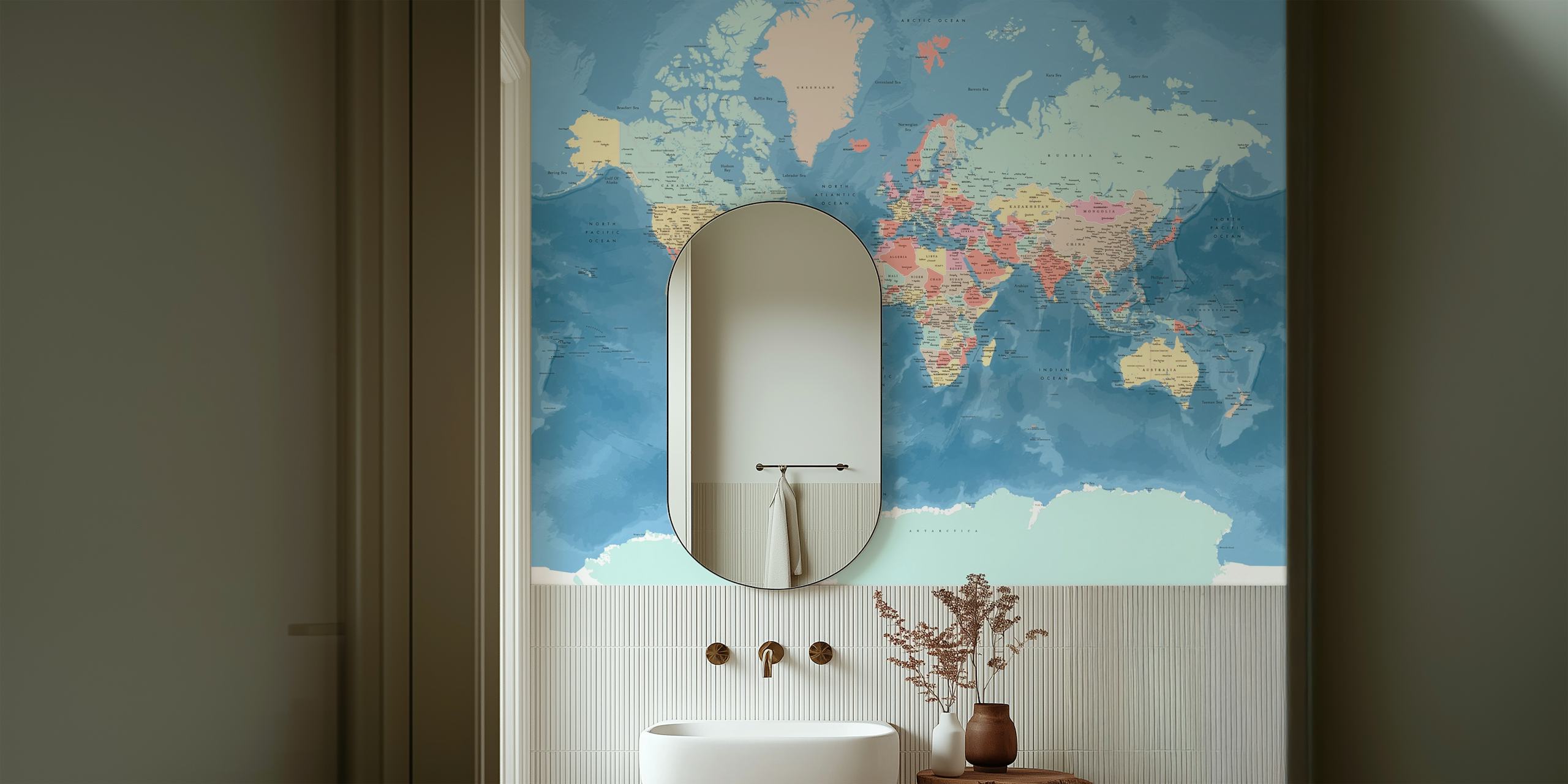 World map of Antarctica wallpaper in a room