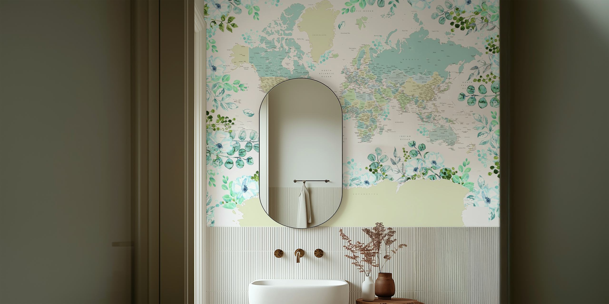 Artistic world map wall mural with floral patterns highlighting Antarctica